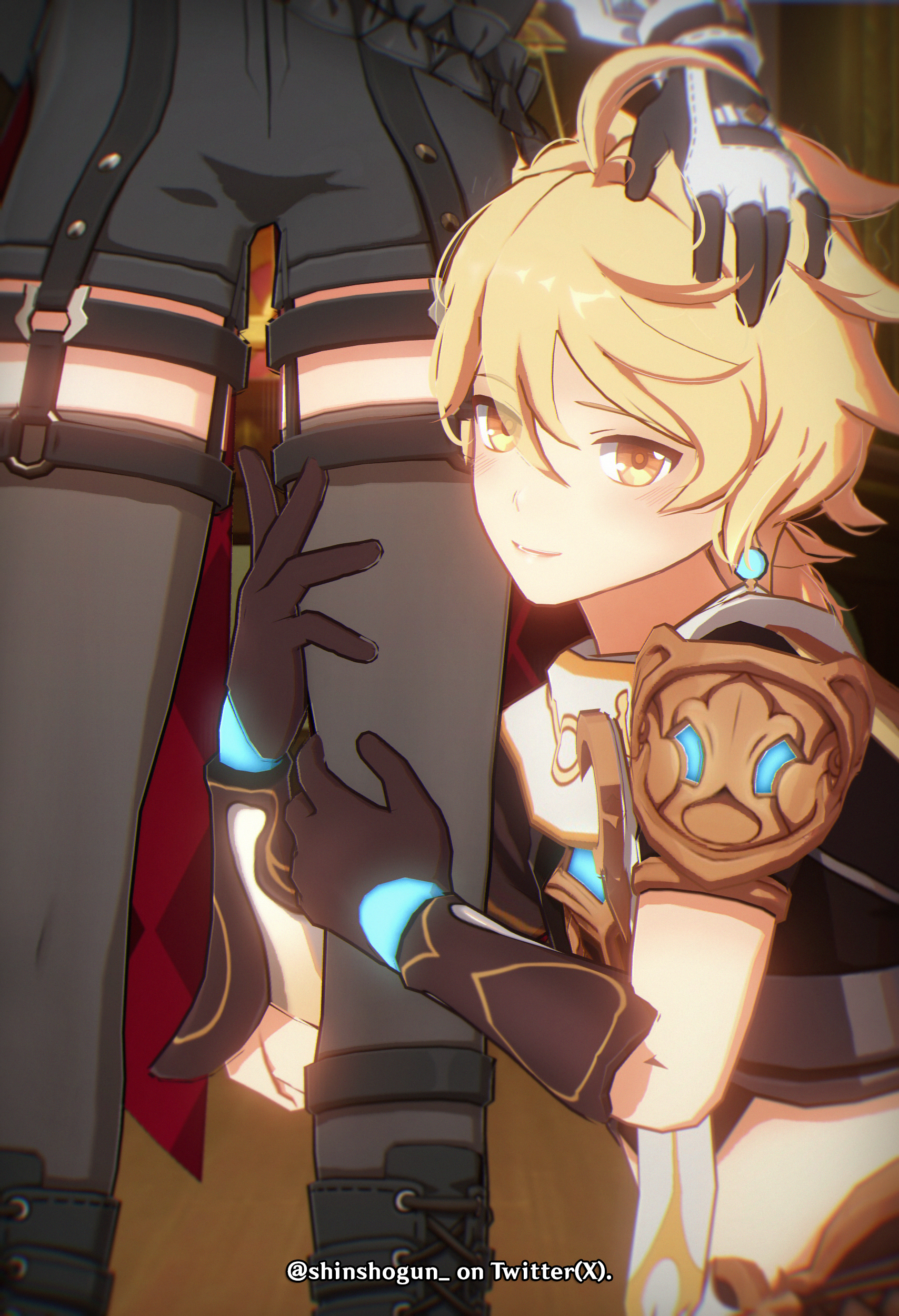 2boys, 3d, aether (genshin impact), blonde hair, femboy, garter straps, gay, genshin impact, gloves, lyney (genshin impact), male, male only, shorts, smile, standing, thighhighs, thighs, twink, yellow eyes