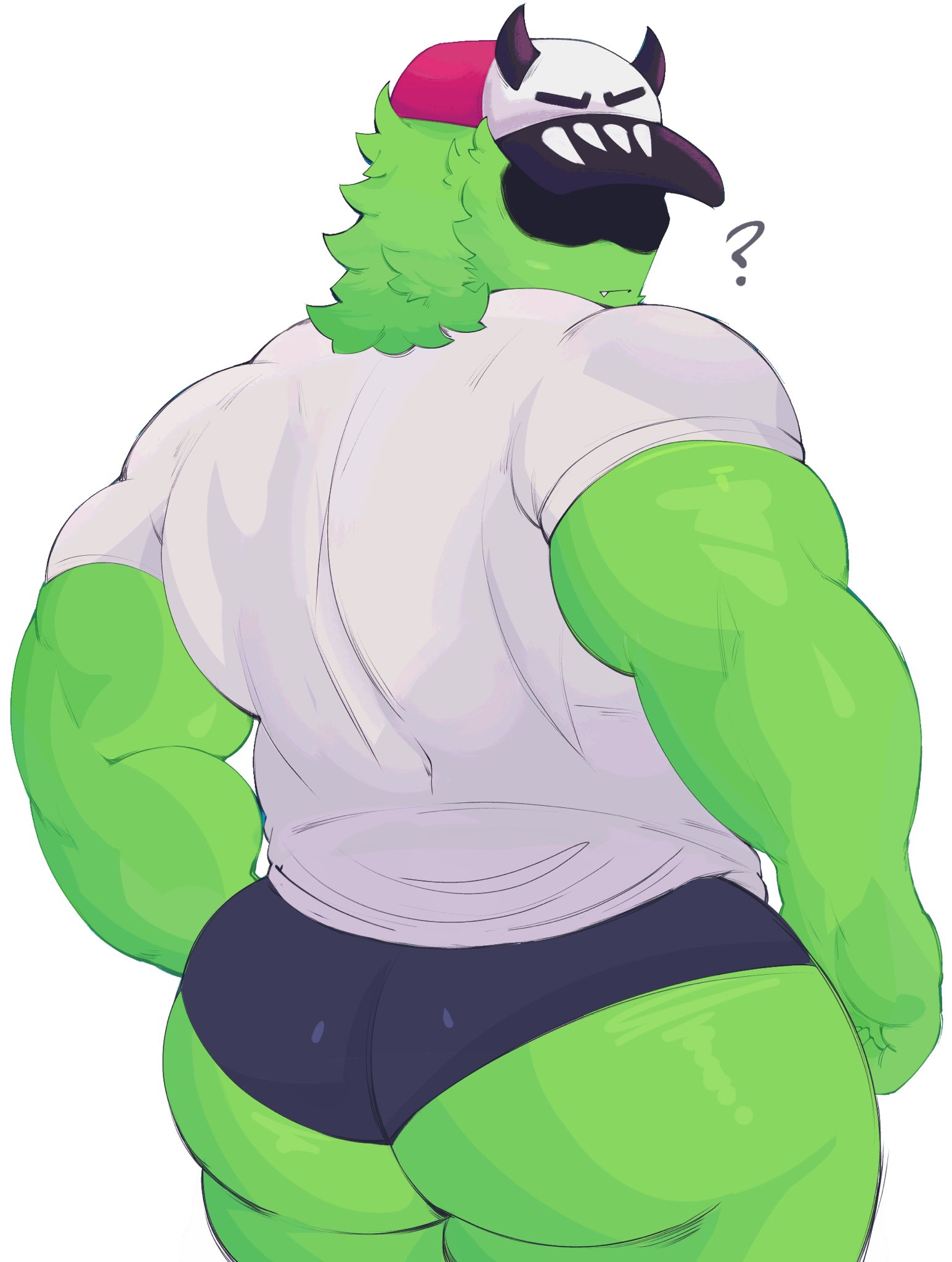 back view, backshots, bara, bubble ass, bubble butt, cap, cryptid crush, eyeless, eyeless character, eyeless dude, eyeless face, eyeless male, gay, green body, huge ass, huge butt, looking at viewer, looking back, looking back at viewer, madhouse (cryptid crush), male, mentholplug, muscular, muscular anthro, muscular male, question mark, round ass, round butt, shirt, shorts, yaoi