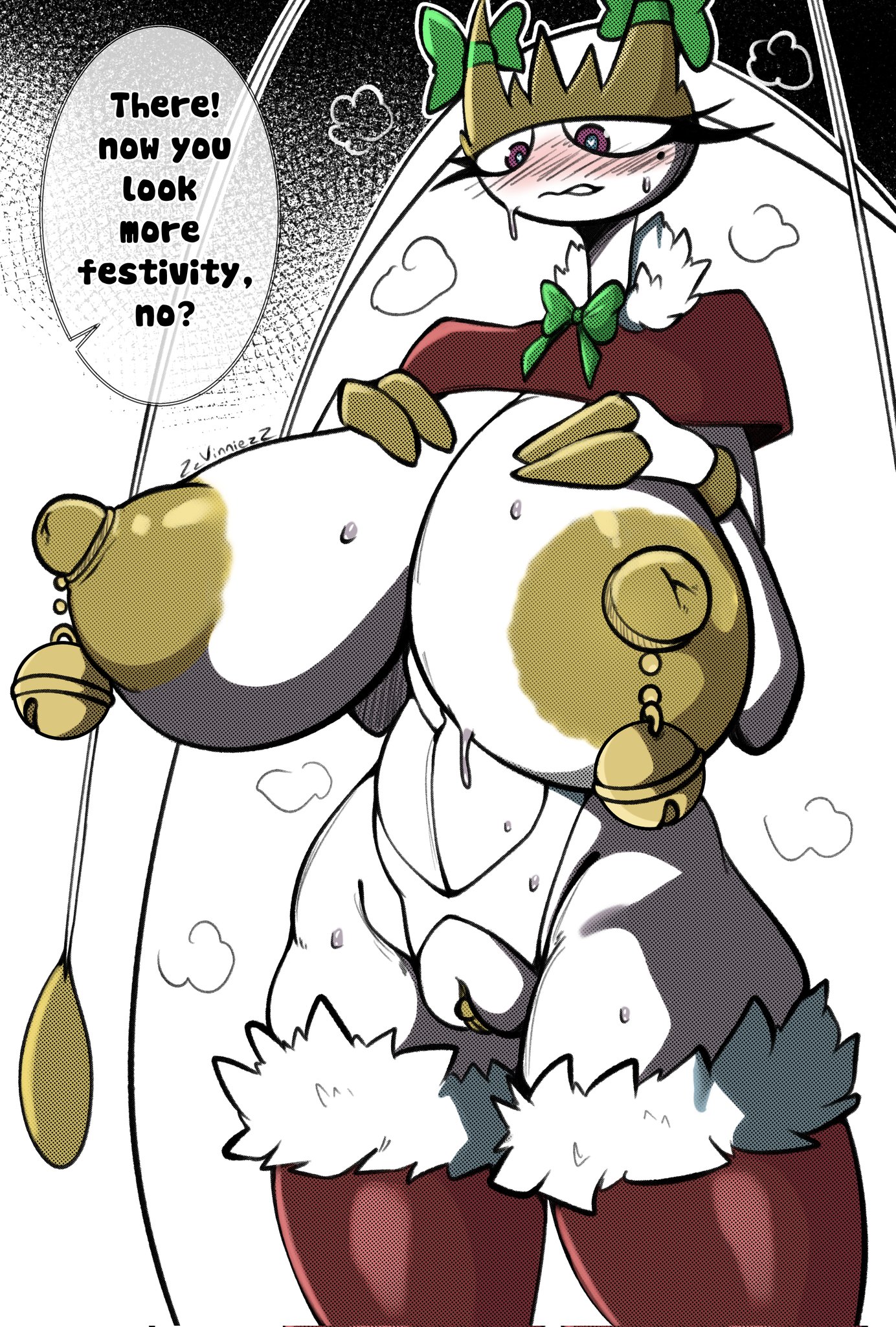 1girls, areolae, big breasts, blush, breasts, christmas, female, female only, gonzalo costa, huge breasts, jingle bell, long hair, looking at viewer, nintendo, nipples, pheromosa, pokémon (species), pokemon, pokemon (species), pussy, solo, solo female, solo focus, speech bubble, text, text bubble, thick thighs, thighhighs, thighs, ultra beast, white body, white hair, white skin, wide hips, yellow nipples, zzvinniezz