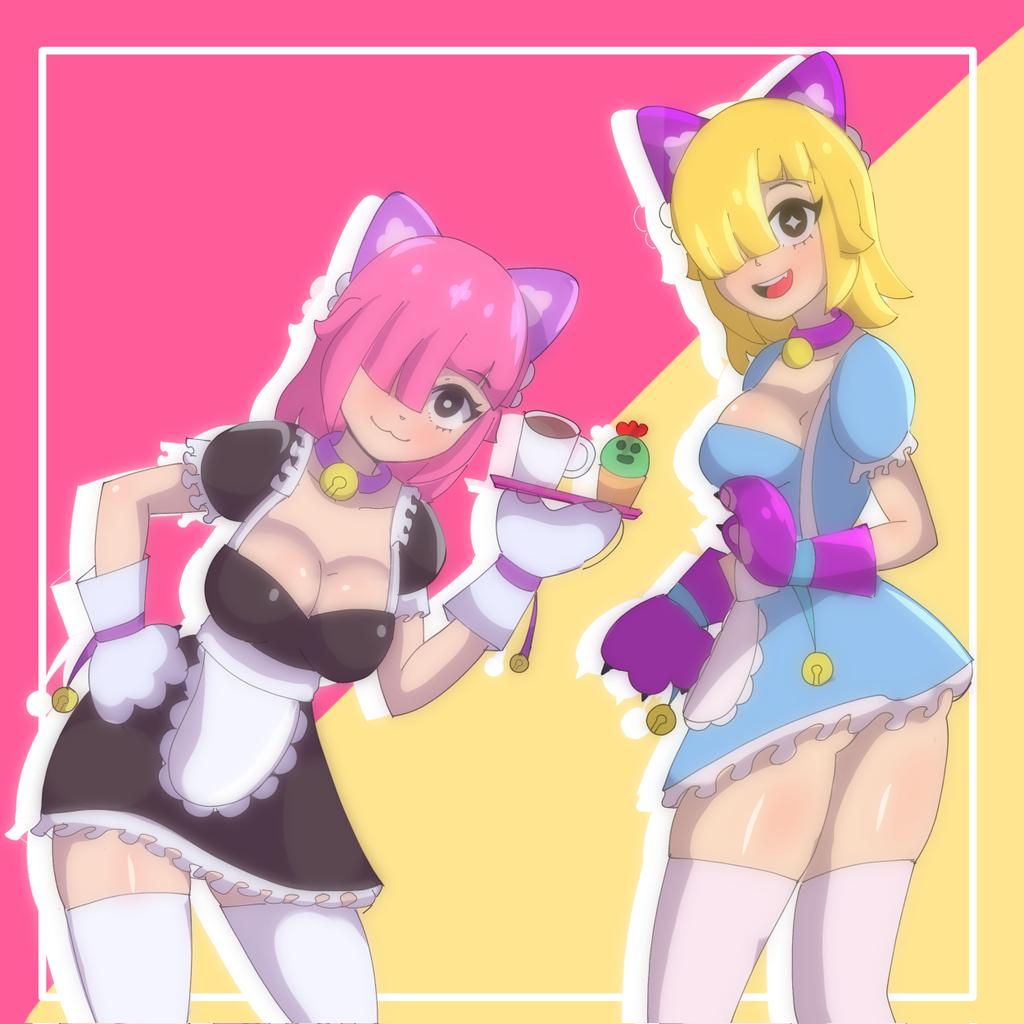 2girls :3 big_ass big_breasts black_eyes brawl_stars colette_(brawl_stars) female female_focus female_only furry_ears furry_feet furry_female maid maid_outfit maid_uniform pink_hair pinku_pawlette yellow_hair