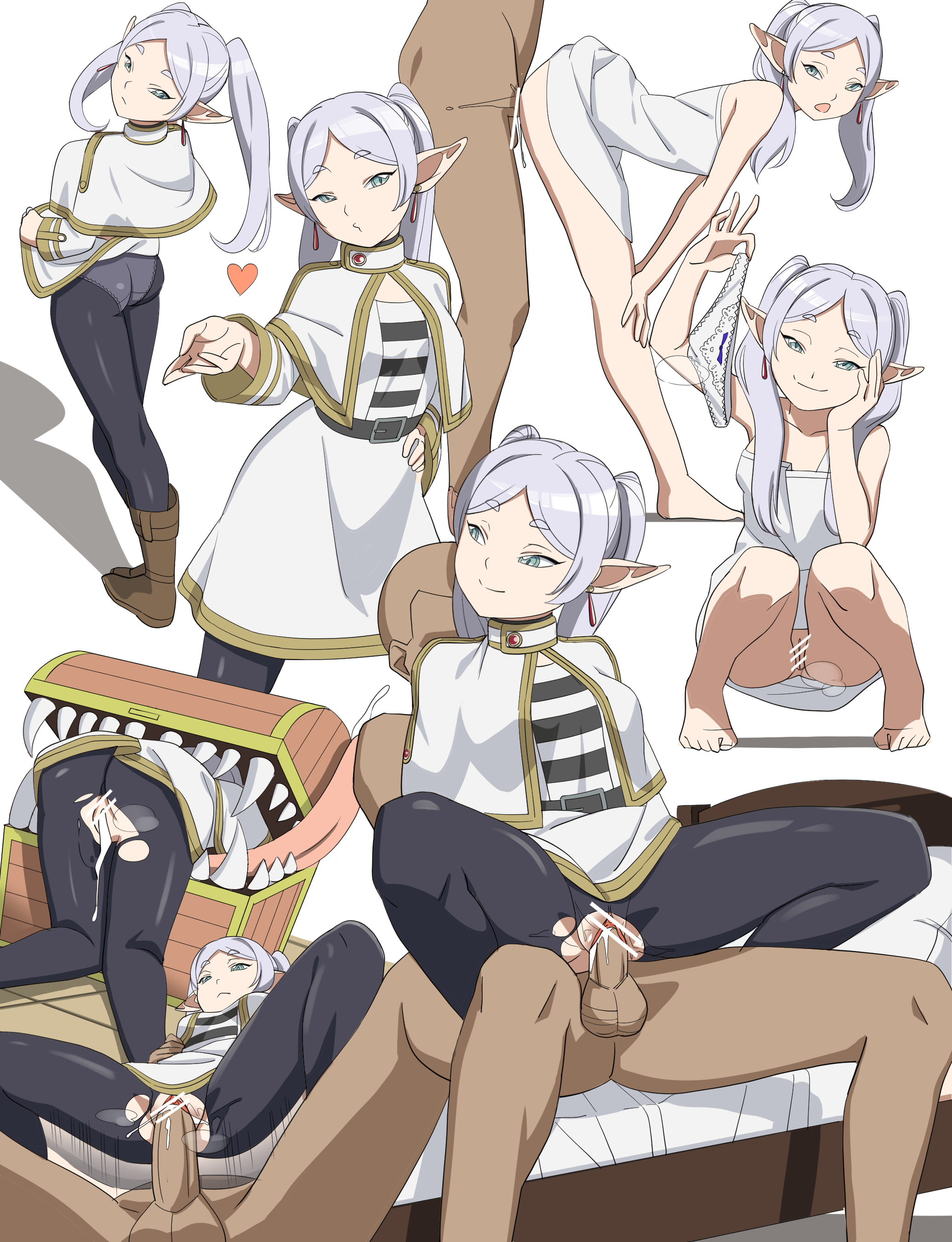 1boy, 1girls, 2023, ass, bar censor, bent over, blowing kiss, boots, bow panties, censored, clothed female nude male, cum, cum drip, cum in pussy, cum inside, dress, dress lift, earrings, elf, elf ears, elf female, faceless male, female, frieren, frieren stuck in a mimic (meme), green eyes, grin, hand on hip, heart, holding panties, king-san, looking back, male, mimic, mimic chest, multiple poses, no panties, panties, panties under pantyhose, pantyhose, penis, pointless censoring, pointy ears, pussy, pussy juice, sex, silver hair, skirt, skirt lift, smug, sousou no frieren, squatting, standing, standing sex, steam, steaming body, stuck, tagme, torn clothes, torn pantyhose, twintails, upskirt, vaginal penetration, white panties