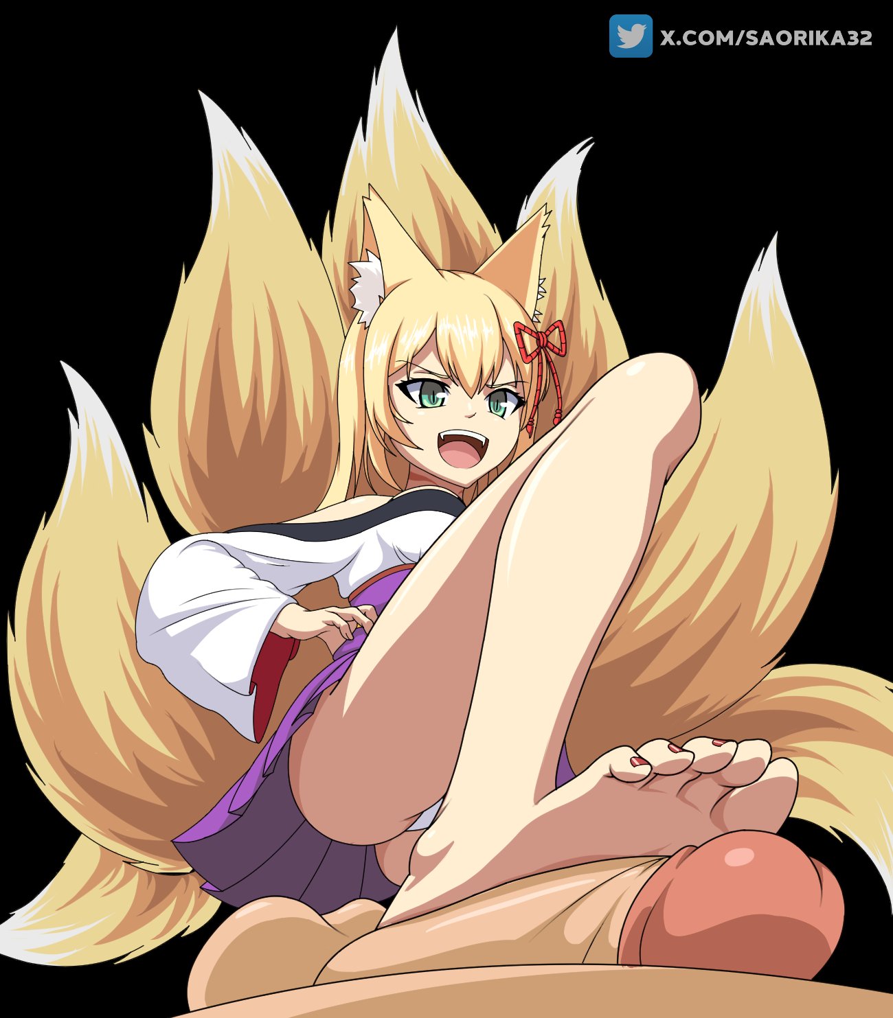 1boy alternate_breast_size animal_ear_fluff animal_ears bare_legs bare_shoulders barefoot black_background blonde_hair breasts commentary commission english_commentary feet female footjob fox_ears fox_girl fox_tail green_eyes hair_between_eyes hair_ribbon hakama hakama_short_skirt hakama_skirt hand_on_own_hip highres japanese_clothes kimono kitsune kyuubi long_hair long_sleeves medium_breasts mon-musu_quest! monster_girl multiple_tails nail_polish open_mouth panties pantyshot penis purple_hakama red_nails red_ribbon ribbon rope saorika32 shimenawa skirt slit_pupils smile soles solo_focus stepped_on straight tail tamamo_(mon-musu_quest!) teeth testicles toenail_polish toenails toes tongue twitter_username uncensored underwear upper_teeth_only v-shaped_eyebrows white_kimono white_panties wide_sleeves yellow_tail