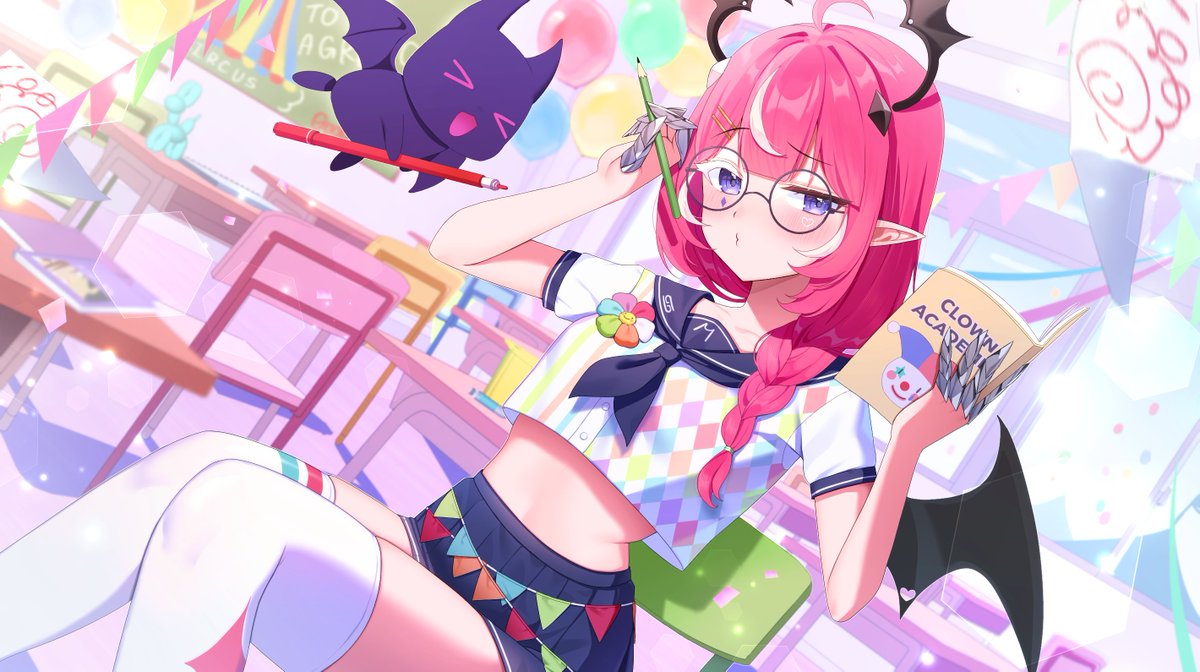 ahoge book braid camila_(vtuber) chair cimp_(camila) classroom crop_top crop_top_overhang demon_girl demon_horns fan_mascot_(vtuber) female glasses holding horns indie_virtual_youtuber long_hair looking_at_viewer midriff navel pen pink_hair pointy_ears purple_eyes round_eyewear sailor_collar school_uniform serafuku shirt short_sleeves sitting skirt solo succubus thighhighs virtual_youtuber white_shirt white_thighhighs wings