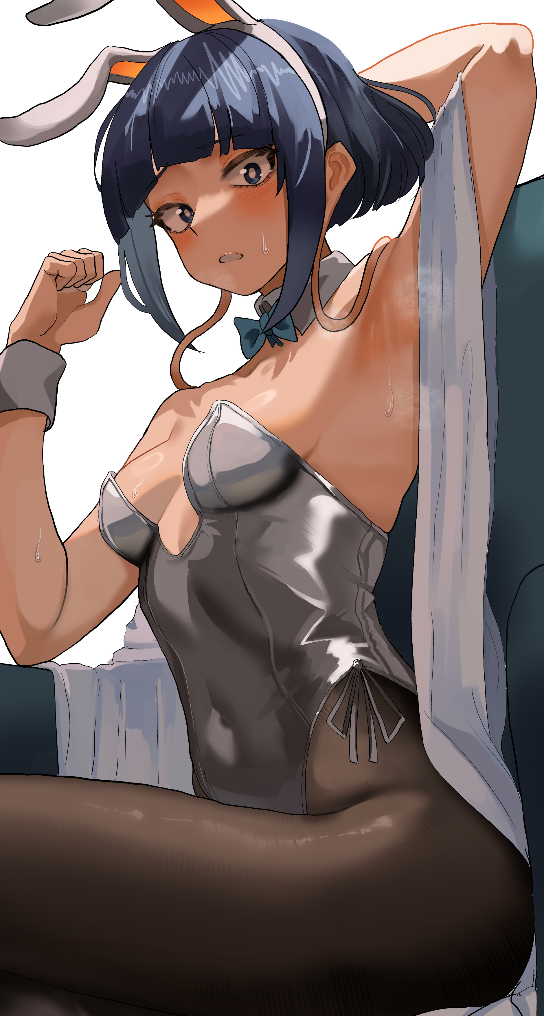 1girls, arm up, armpits, black eyes, black hair, bowtie, breasts, bunny ears, bunnysuit, detached collar, fake animal ears, female, hi res, kyoka jiro, leotard, looking at viewer, my hero academia, pantyhose, purple hair, purple-haired female, sitting, solo, strapless leotard, sweat, towel, wrist cuffs, zd (pixiv6210083)