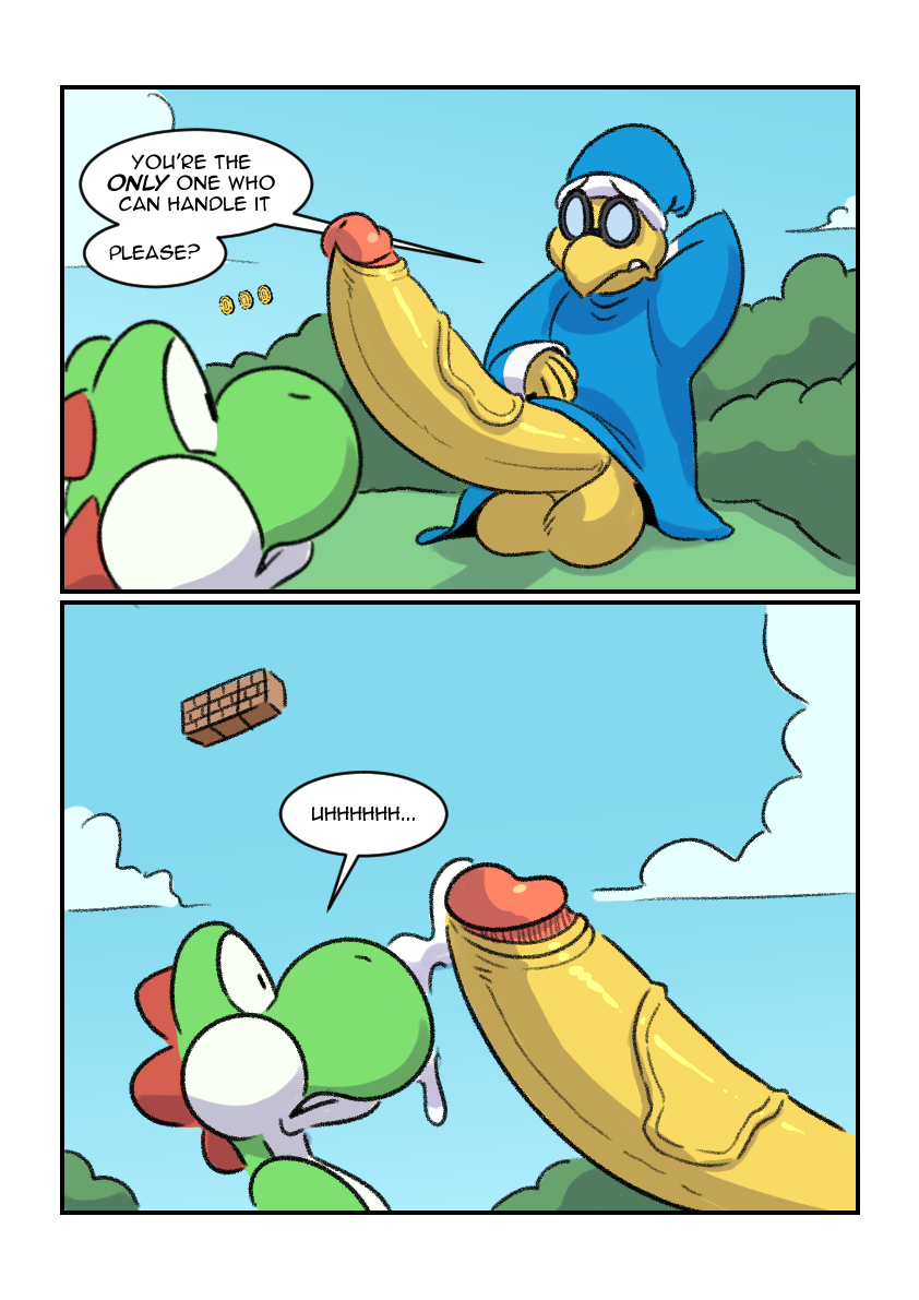 2018 anthro balls big_balls big_penis clothed clothing comic dialogue english_text eyewear femboy glasses hyper kamek komdog komponi koopa male male_only mario_(series) nintendo penis precum scalie super_mario_bros. text vein veiny_penis video_games yaoi yellow_penis yoshi