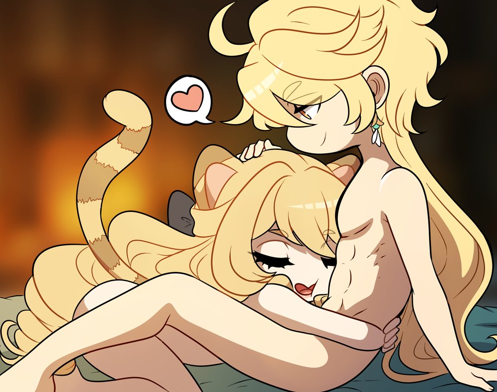 1boy, 1girls, aether (genshin impact), after sex, animal ears, animal tail, blonde hair, closed eyes, closed mouth, closed smile, cuddling, cute, duo, female, genshin impact, hand on another's head, kinkymation, light skin, light-skinned female, light-skinned male, long hair, male, male and female focus, navia (genshin impact), no sex, open mouth, smile, spoken heart, straight, tail, wholesome