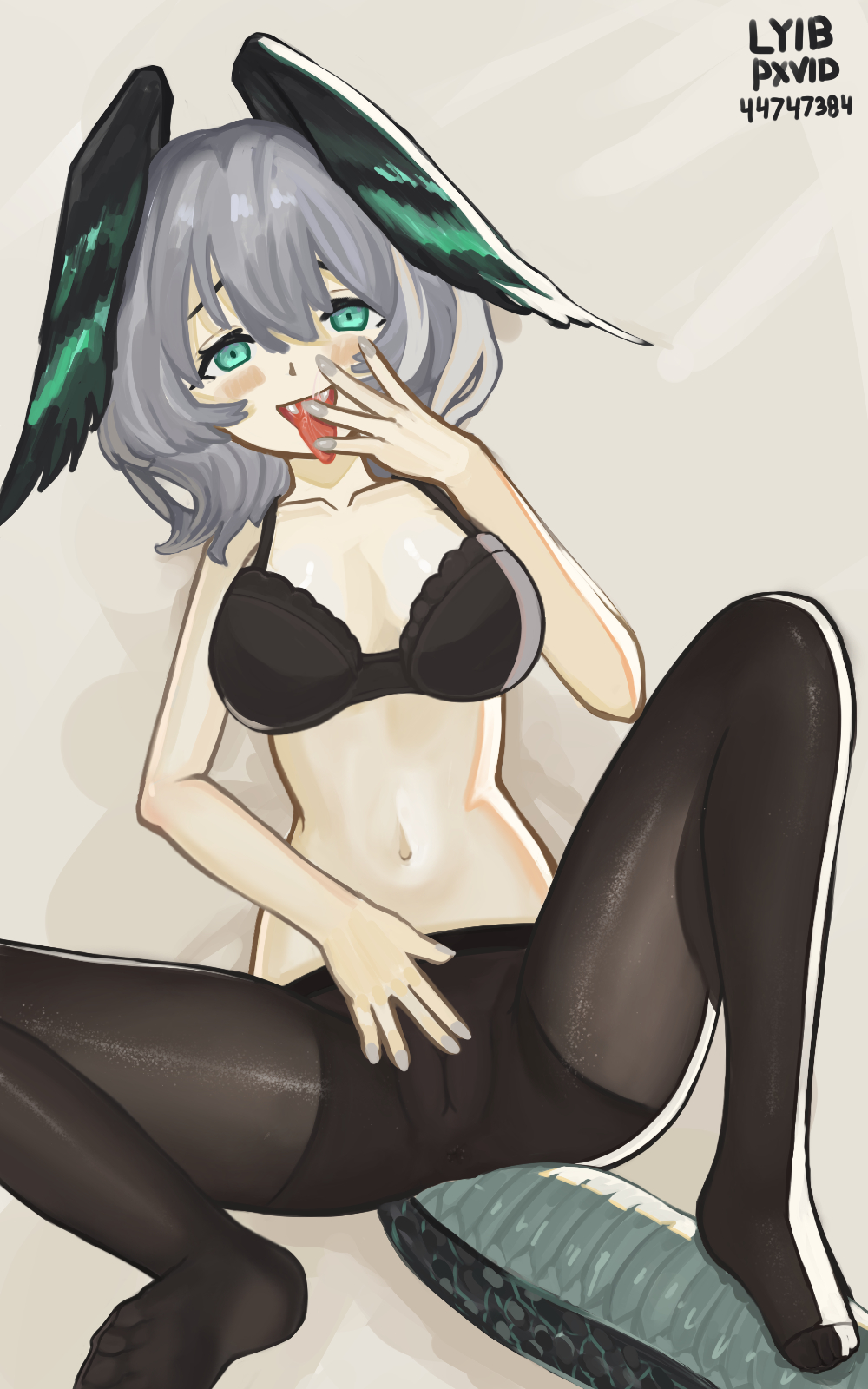 aqua_eyes aqua_nails aqua_wings arknights black_bra black_pantyhose bra breasts fangs female grey_hair hair_between_eyes head_wings highres ho'olheyak_(arknights) large_breasts long_tail looking_at_viewer lyib navel non-web_source open_mouth pantyhose pussy snake_tail solo tail tongue tongue_out two-tone_wings underwear wings