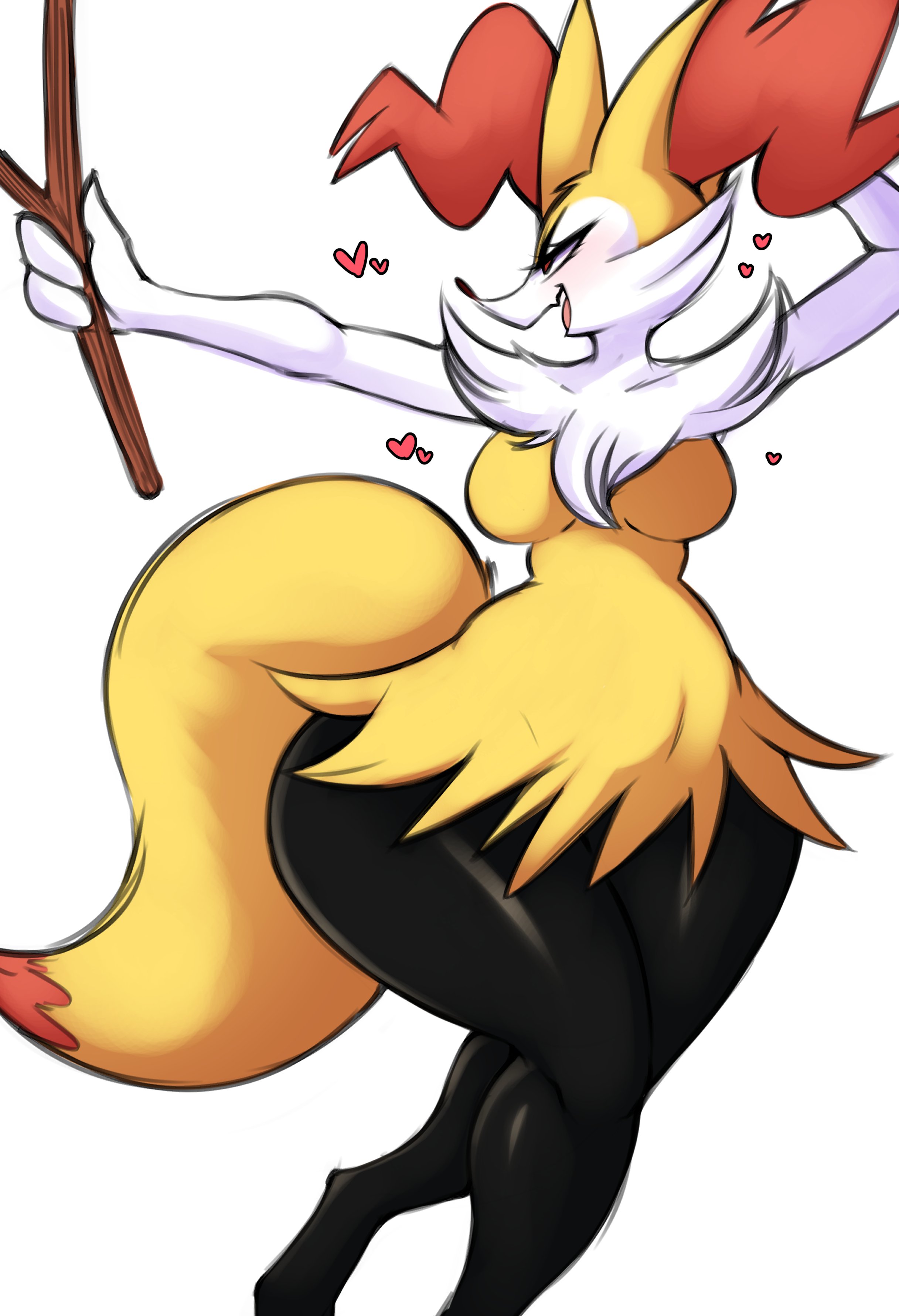 3 fingers, anthro, big tail, black body, black fur, braixen, breasts, canid, canine, cheek tuft, female, female pokemon, fingers, fox, fur, generation 6 pokemon, heart, mammal, multicolored body, multicolored fur, nintendo, orange body, orange fur, pokemon, pokemon (species), red eyes, saltyxodium, stick, tail, thick thighs, tuft, white body, white fur, wide hips, yellow body, yellow fur