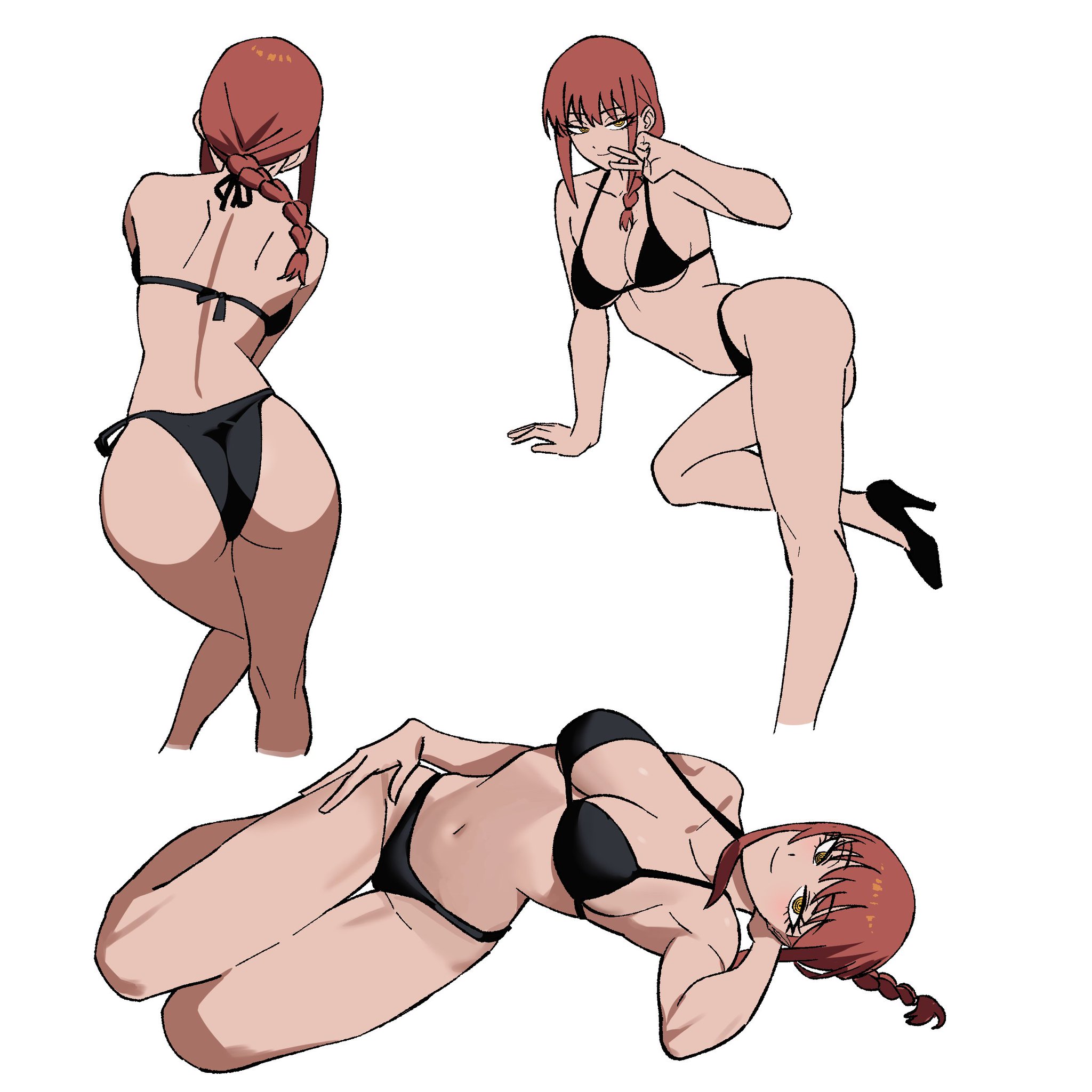1girls, ass, big ass, big breasts, bikini, braid, braided hair, breasts, chainsaw man, female, hand on hip, heels, large breasts, looking at viewer, makima (chainsaw man), multiple images, peace sign, posing, red hair, solo, solo female, solo focus, swimsuit, swimwear, v sign, wide hips, yellow eyes, zeon (zzeeonn), zeon j