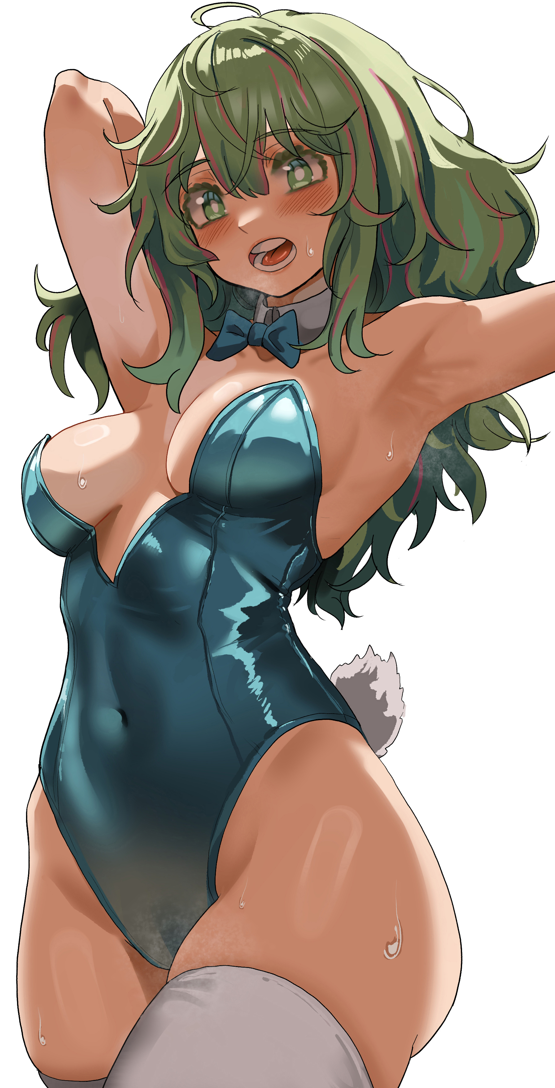 1girls, arm up, armpits, bowtie, breasts, bunnysuit, collar, eyebrows visible through hair, fake tail, female, green eyes, green hair, green-haired female, hi res, highres, leotard, medium breasts, messy hair, mouth open, my hero academia, open mouth, pink hair, solo, sweat, tail, thighhighs, tooru hagakure, tooru hagakure (visible), two-tone hair, zd (pixiv6210083)
