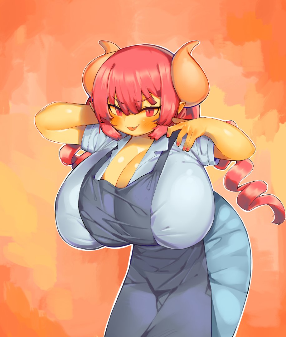 1girls, apron, breasts, female, female only, huge breasts, ilulu (dragon maid), miss kobayashi's dragon maid, pincerpencil, red eyes, red hair, solo