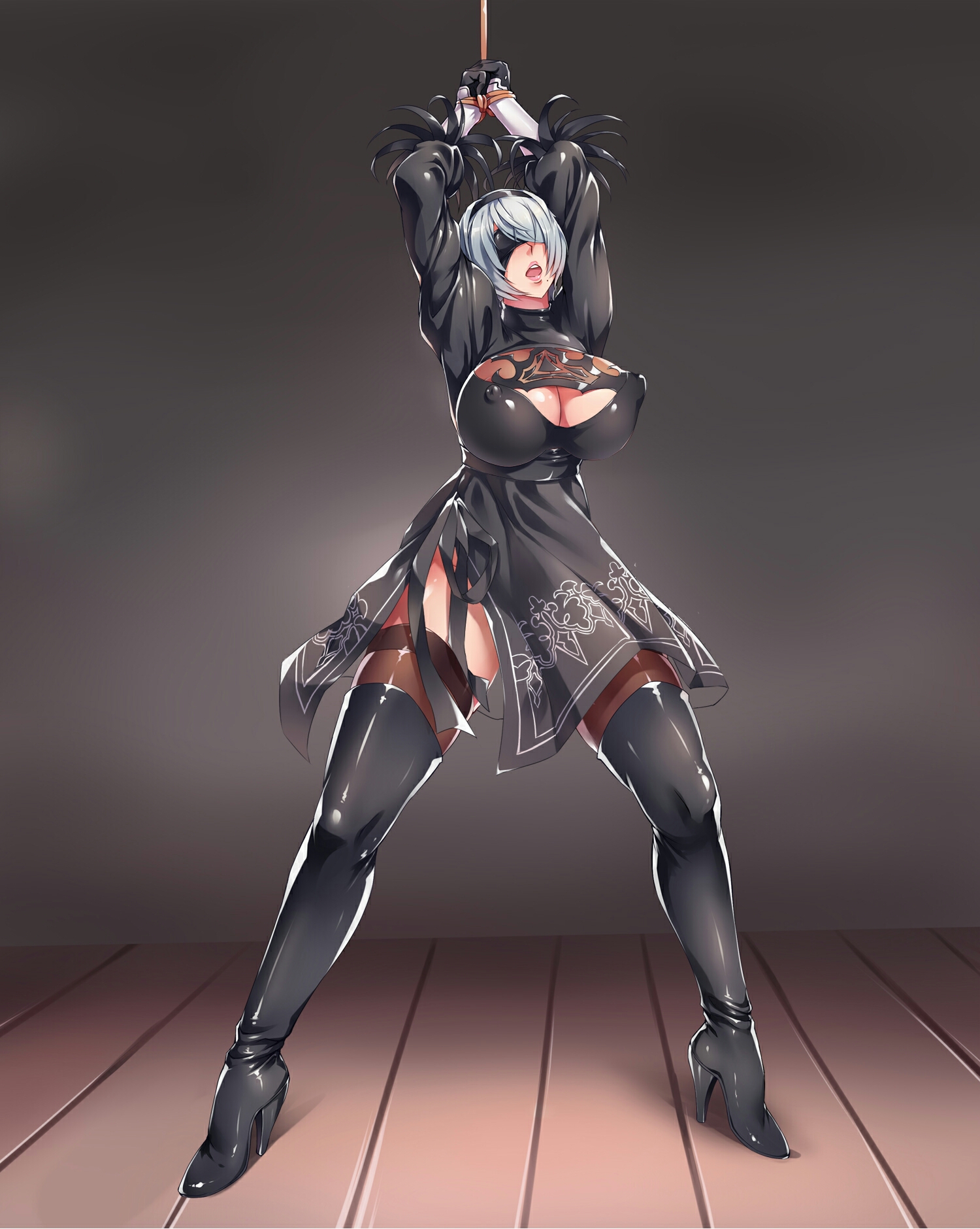 arms above head, arms up, big breasts, blindfold, bondage, bound wrists, breasts, cleavage, erect nipples, female, female only, large breasts, nier, nier: automata, nipple bulge, nipples, pokies, restrained, shinkaui, solo, thighhighs, tied up, yorha 2b