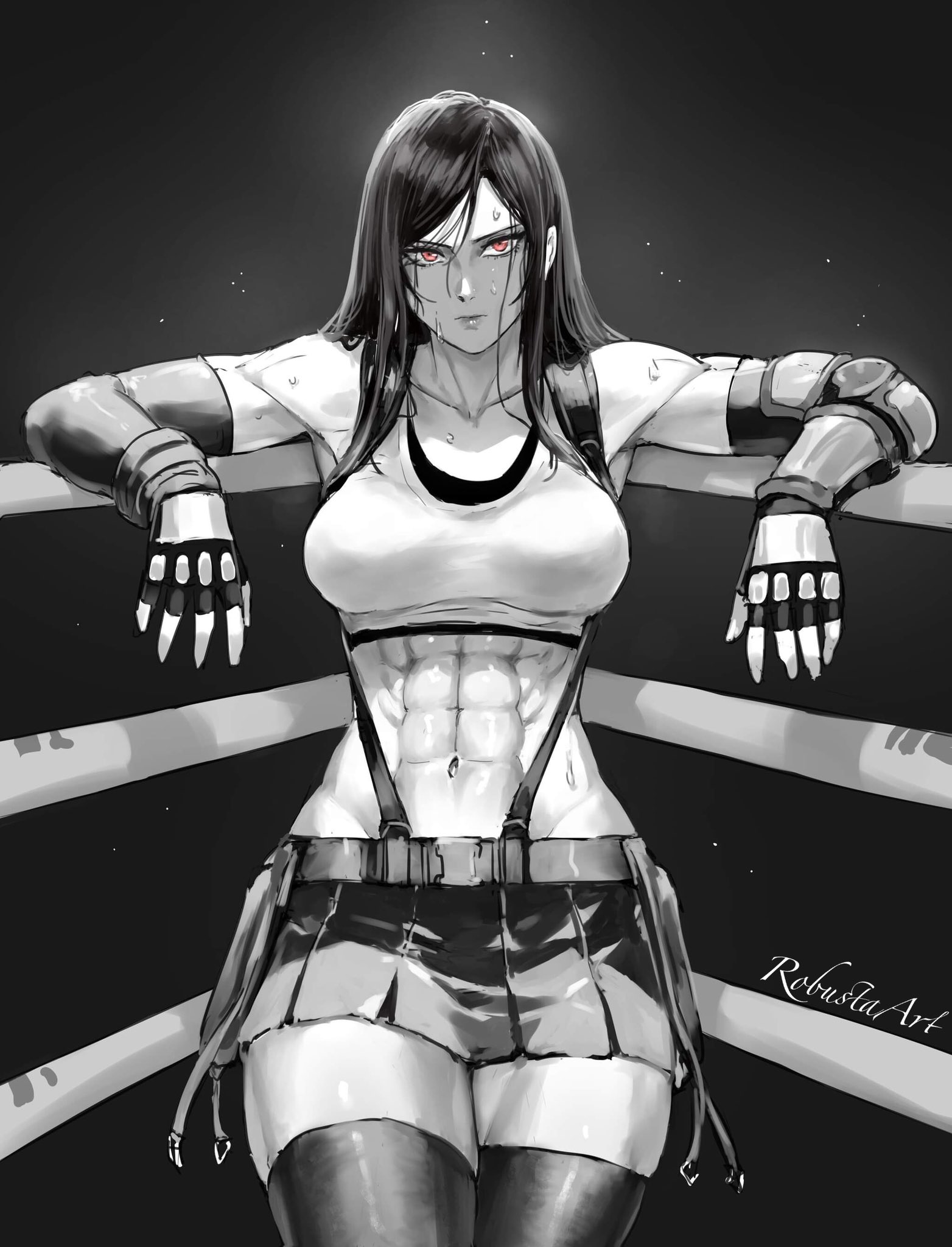1girls, abs, ass, athletic, athletic female, belt, big ass, big breasts, boxing ring, breasts, cleavage, female, female only, final fantasy, final fantasy vii, final fantasy vii remake, gloves, greyscale, light skin, light-skinned female, looking at viewer, robustaart, square enix, thick thighs, tifa lockhart