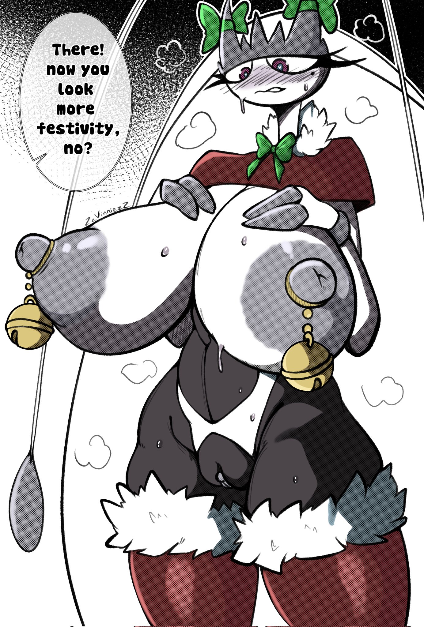 <3, 1girls, areolae, big breasts, black body, black skin, blush, blushing, breasts, christmas, female, female only, gonzalo costa, heart, heart-shaped pupils, huge breasts, jingle bell, long hair, looking at viewer, nintendo, nipples, pheromosa, pokémon (species), pokemon, pokemon (species), pussy, pussy juice, shiny pheromosa, shiny pokemon, solo, solo female, solo focus, speech bubble, text, text bubble, thick thighs, thighhighs, thighs, ultra beast, white body, white hair, white skin, zzvinniezz