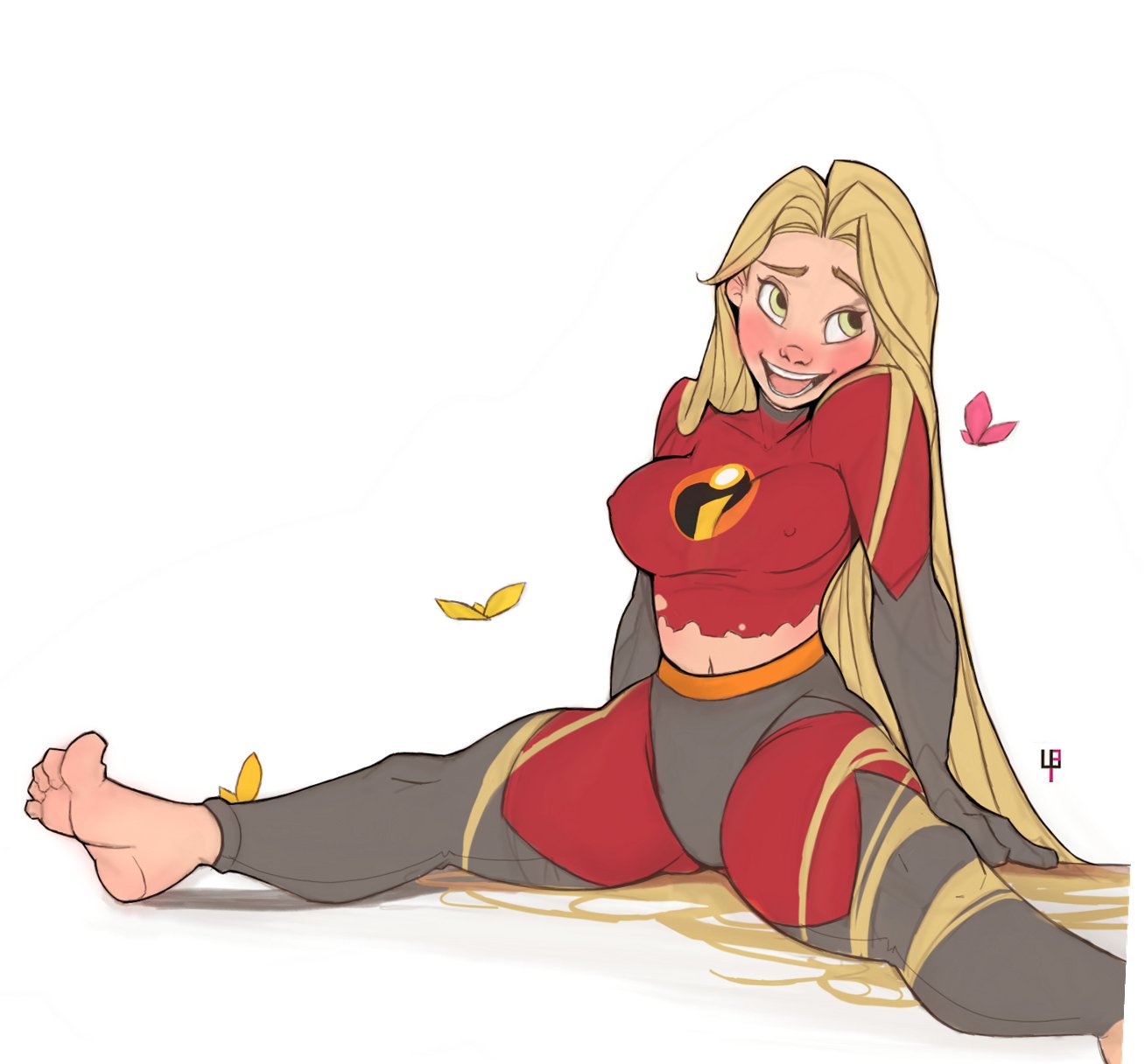 1girls blonde_hair bodysuit butterfly cosplay crossover crossover_cosplay disney disney_princess elastigirl_(cosplay) feet female female_only hourglass_figure human human_only light-skinned_female light_skin rapunzel safe_for_work stretching tangled tight_clothing tomphelippe wide_hips