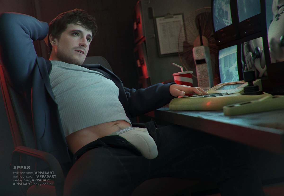 1boy appasart bulge bulge_through_clothing clothed erect_penis erection five_nights_at_freddy's five_nights_at_freddy's_(film) fnaf happy_trail jake_schmidt josh_hutcherson leaning_back male male_only mike_schmidt sitting sitting_on_chair underwear