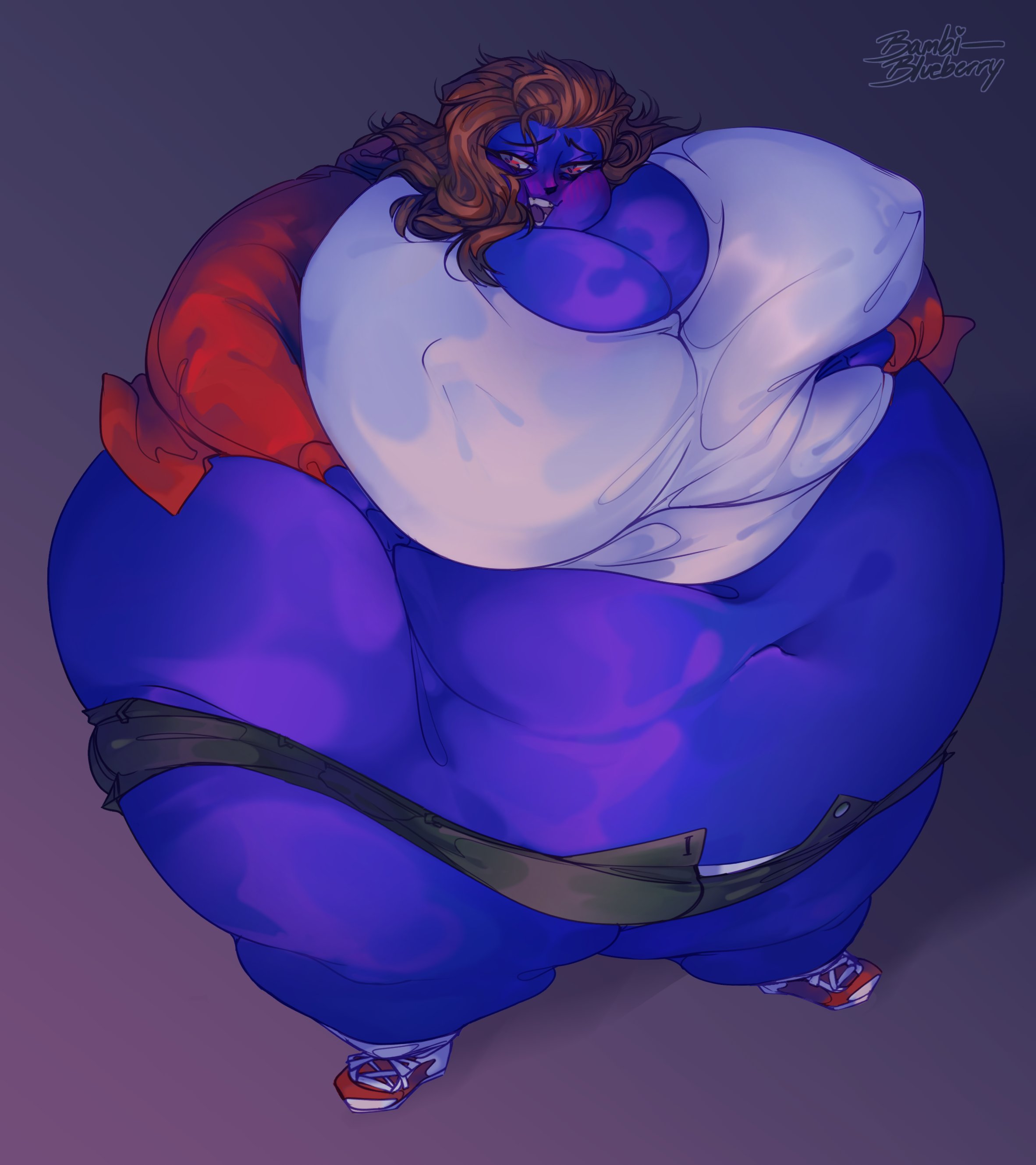 1girls, aroused, big breasts, blueberry inflation, blush, breasts, female, horny, horny female, spherical inflation, thick thighs, velvet bambi, wide hips