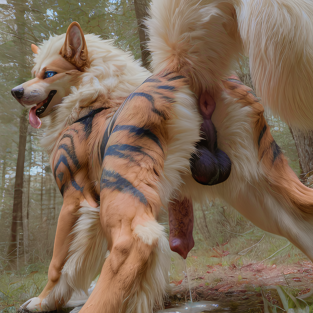 ai generated, all fours, anatomically correct, anatomically correct genitalia, animal genitalia, animal penis, anus, arcanine, balls, blue eyes, bodily fluids, canid, canine, canine penis, detailed, detailed background, detailed fur, excessive genital fluids, excessive precum, feral, fluffy, fluffy tail, forest, fur, generation 1 pokemon, genital fluids, genitals, grass, leaking precum, looking at viewer, male, mane, orange body, orange fur, penis, plant, pokemon, pokemon (species), pokemon only, polar (director), precum, realistic, sheath, solo, striped body, striped fur, stripes, tongue, tongue out, tree