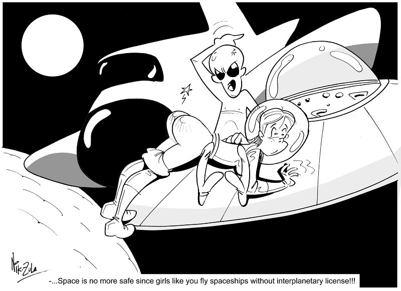 alien astronaut black_and_white clothing female freckles human male_focus nik_zula over_the_knee_spanking pants_down space_helmet spaceship spacesuit spanked spanking surprised surprised_expression text ufo wide_eyed