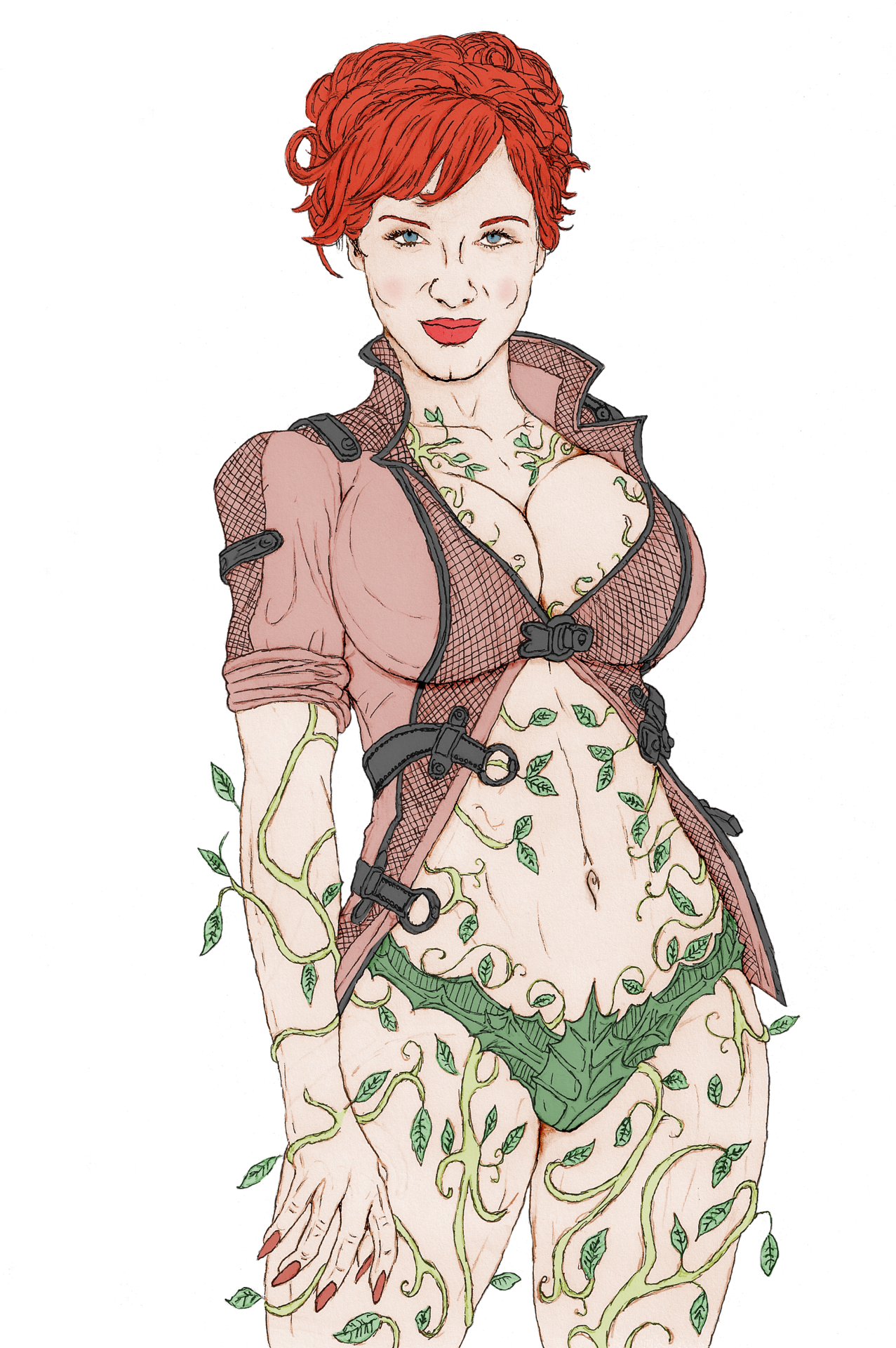 1girls, armando huerta, batman (series), blue eyes, breasts, celebrity, christina hendricks, cleavage, color, colored, dc, dc comics, female, female only, jacket, large breasts, panties, poison ivy, red hair, solo, traced