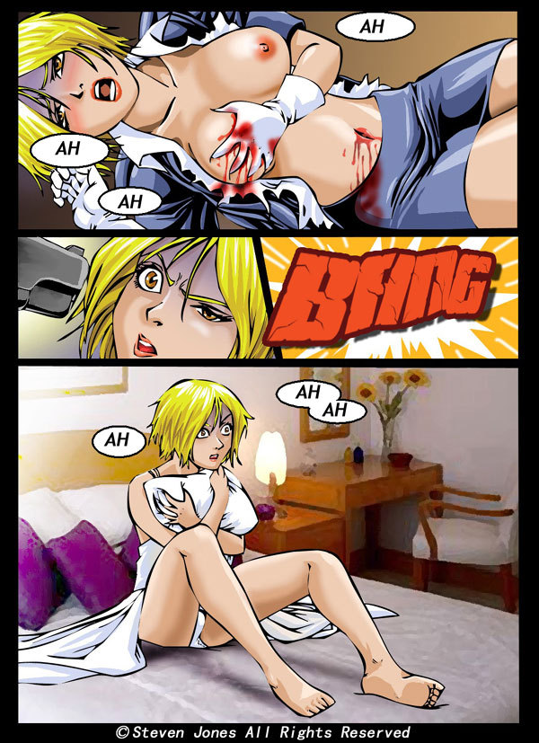 bed belly blonde_hair blood blue_shirt blue_skirt chair clothing collarbone comic dream dying flowers grabbing_own_breast gun lamp nightmare open_mouth orange_eyes panties pillow pistol shocked shocked_eyes short_hair shot_in_breast sitting_down skirt small_breasts steven_jones text topless weapon white_gloves white_panties