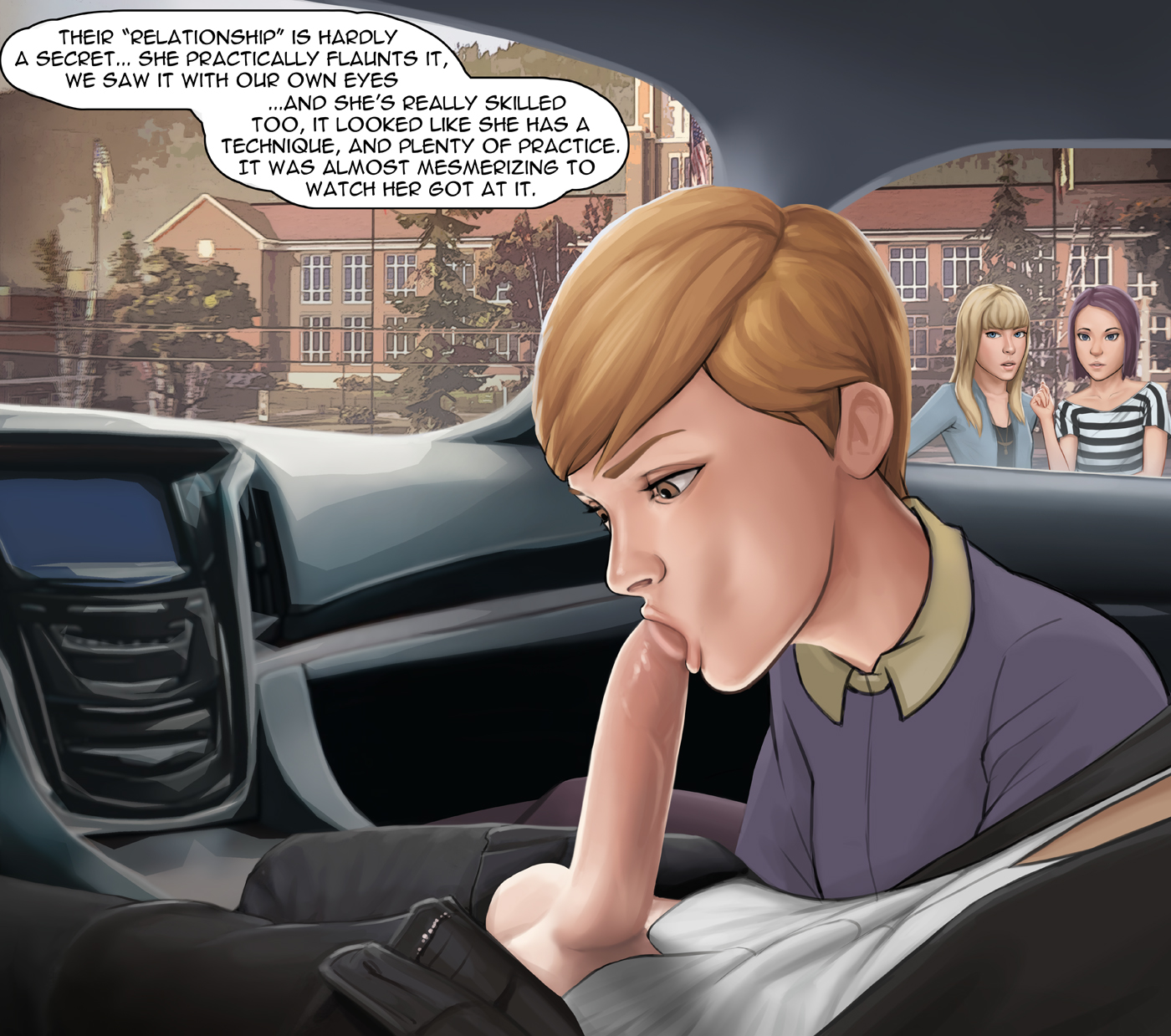 being watched, car, clothing, english text, fellatio, female, human, itristran, life is strange, male, mark jefferson, oral, pale skin, partial male, penis, public, public sex, school, student, teacher, text, vehicle, victoria chase