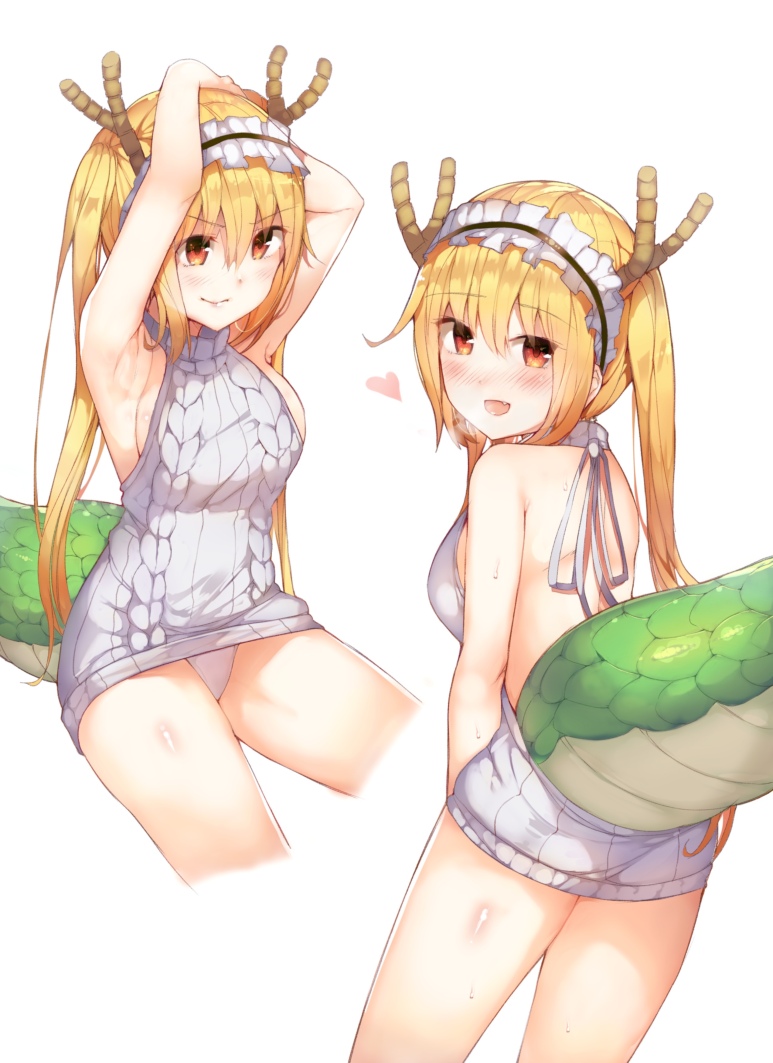 1girls, armpits, arms up, blush, female, female only, from behind, heart, long hair, looking at viewer, looking back, miss kobayashi's dragon maid, no bra, open mouth, orange eyes, orange hair, panties, raised tail, smile, solo, tohru (dragon maid), virgin killer sweater, white background