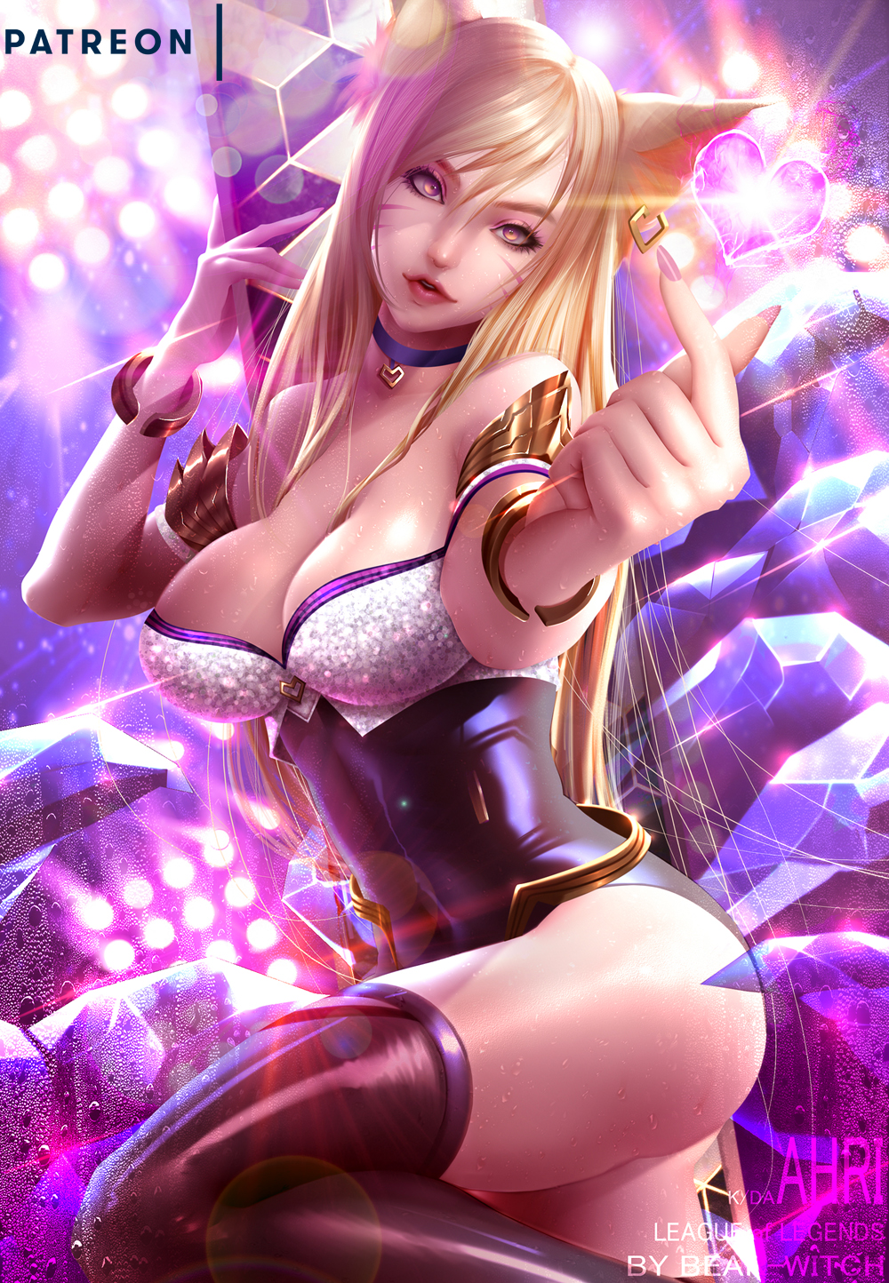 ahri alternate_costume bearwitch big_breasts blonde_hair breasts cleavage female female_only k/da_ahri k/da_series large_breasts league_of_legends lipstick looking_at_viewer solo thighhighs