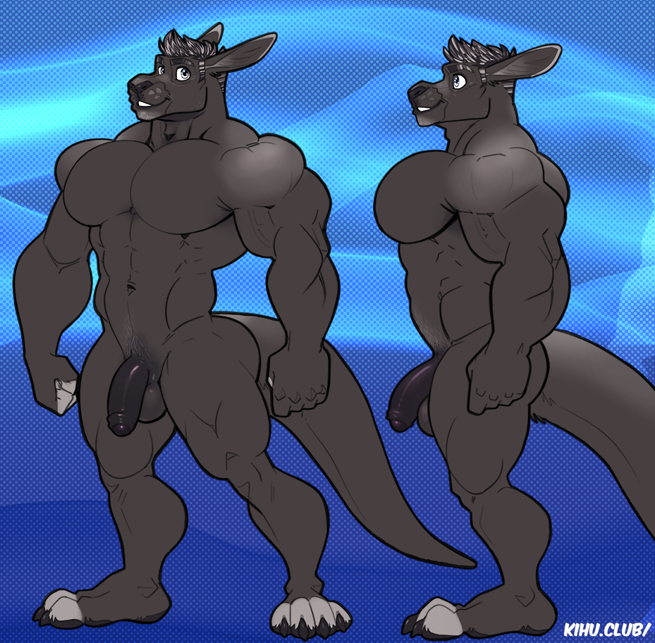 2018 5_fingers abs anthro balls biceps black_balls black_nose black_penis flaccid grey_eyes kihu male male_only mammal marsupial model_sheet muscular muscular_male navel nude pecs penis solo uncut wallaby