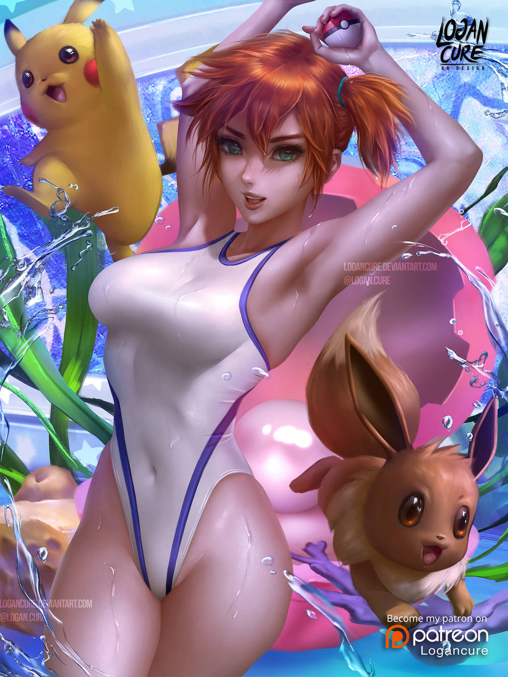 1boy, 1girls, alternate breast size, ambiguous gender, armpits, arms up, ass, big ass, big breasts, big ears, blue eyes, breasts, brown eyes, brown fur, canine, cleavage, clothed female nude male, eyelashes, feet, female, feral, furry, human, human only, kasumi (pokemon), large breasts, logan cure, long ears, looking at viewer, male, nintendo, nude, one-piece swimsuit, open mouth, orange hair, paws, poke ball, pokemon, pokemon rgby, pool, rodent, short hair, side ponytail, smile, solo, swimsuit, teeth, text, tongue, url, water, watermark, wet, wide hips, yellow fur