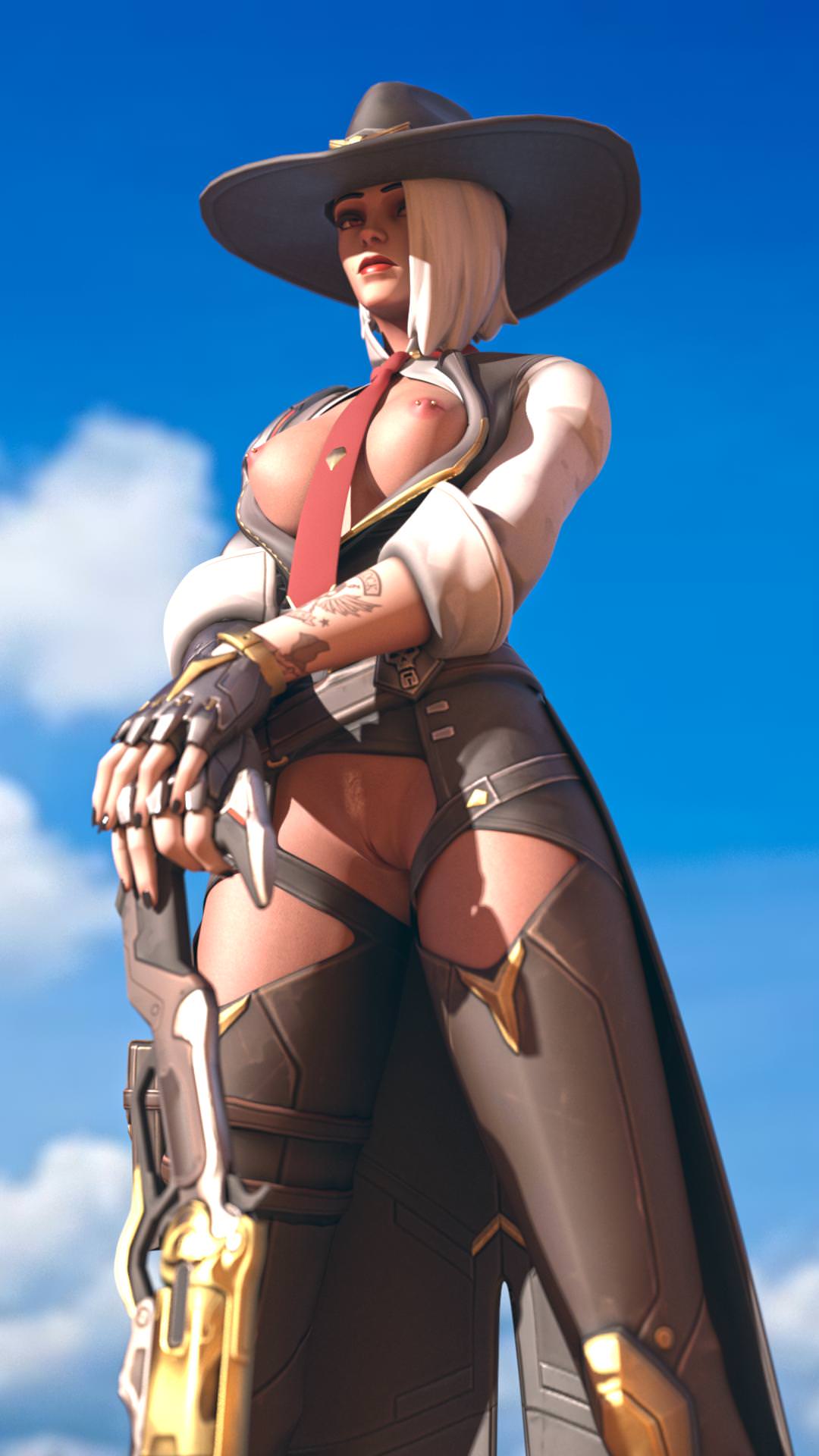 1girls 3d american areolae ashe_(overwatch) blizzard_entertainment bob_cut breasts cowboy_hat eyelashes eyeshadow female female_only guiltyk looking_at_viewer medium_hair nipple_piercing nipples overwatch petite pussy red_eyes red_lipstick short_hair solo white_hair