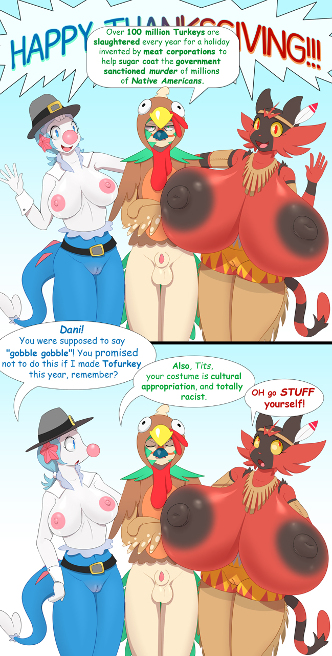 1boy 2018 2girls animal_genitalia anthro anthrofied areolae avian balls beak belt black_fur blue_background blue_eyes blue_fur bottomless breasts comic costume curvy dani_(lysergide) decidueye dialogue english_text erect_nipples feline female female_with_female flaccid furry green_eyes group hat hi_res holidays huge_breasts hyper hyper_breasts incineroar large_nipples looking_at_viewer lysergide male male_with_female nintendo nipples nude open_mouth original_character penis pinniped pokémon_(species) pokemon pokemon_sm prilly_(lysergide) primarina pussy red_eyes red_fur sheath standing stripes tail text thanksgiving tits_(lysergide) topless video_games white_fur yellow_sclera