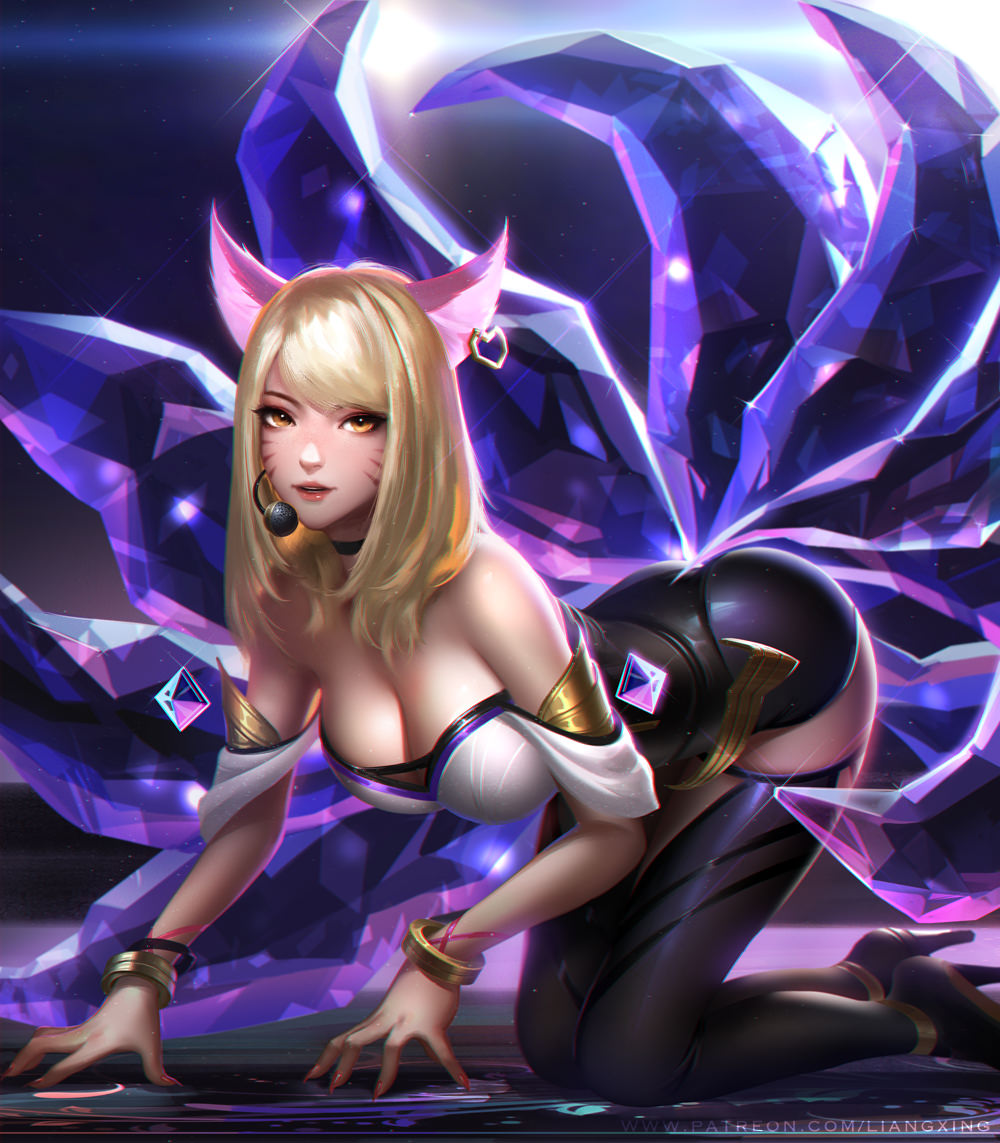 ahri, alternate costume, breasts, cleavage, female, female only, k/da ahri, k/da series, league of legends, liang xing, lipstick, looking at viewer, solo, thighhighs