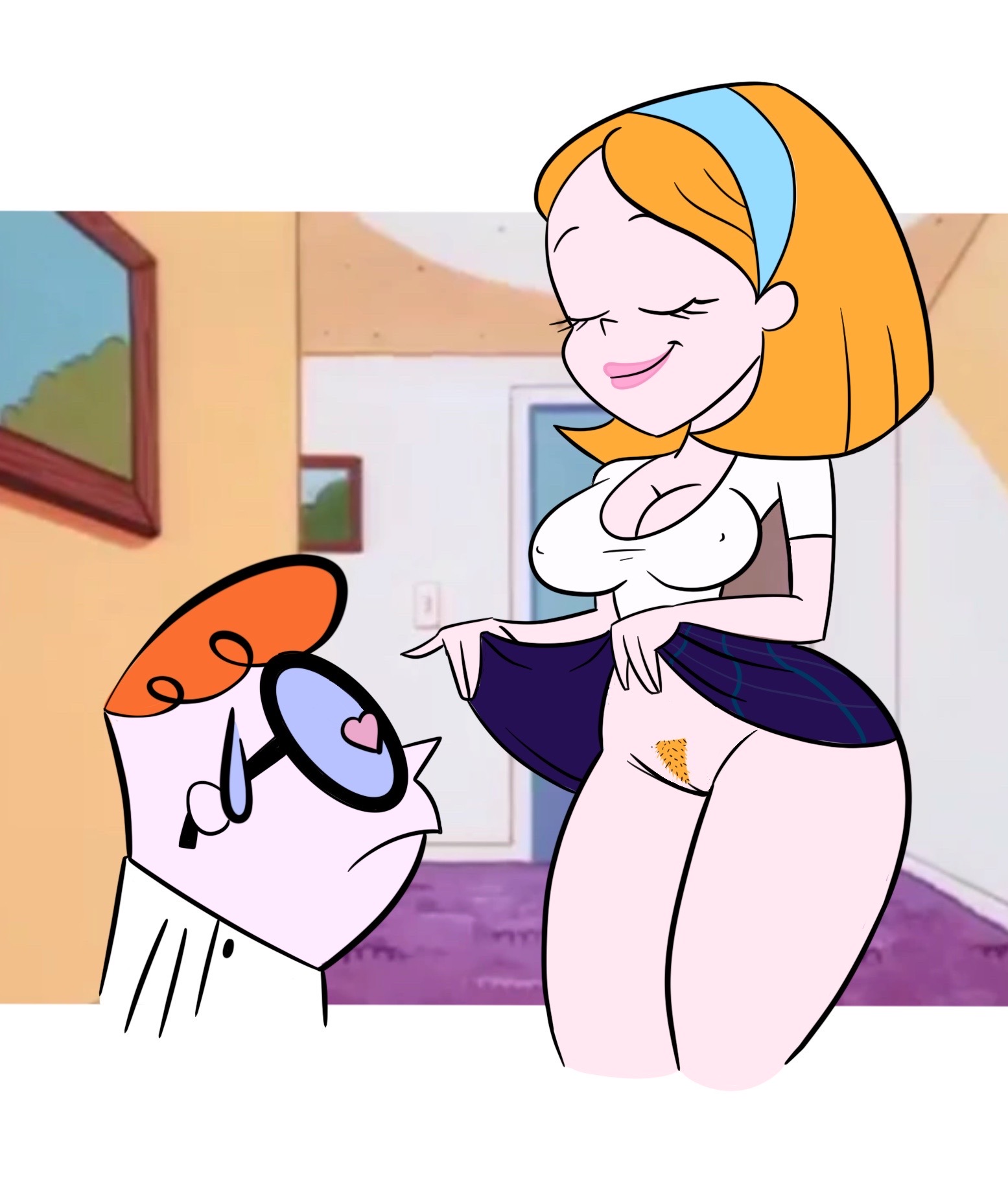 blue hairband, breasts, cleavage, dexter, dexter's laboratory, eyelashes, female, glasses, going commando, hairband, heart-shaped pupils, lifted by self, lifting skirt, lisa the babysitter, no panties, pizzalazerbot, pubic hair, pussy, red hair, showing pussy, skirt, skirt lift, skirt up