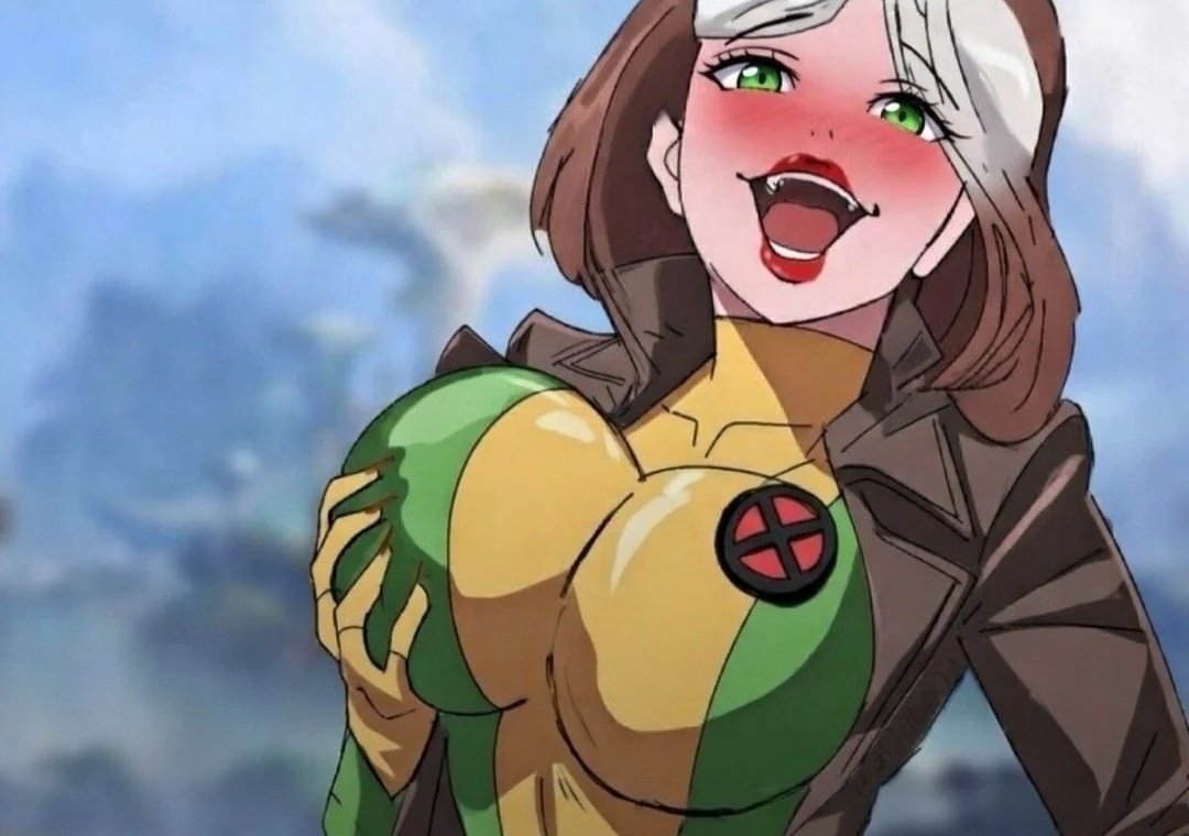 2d, anna marie, big breasts, blush, breasts, city boy, female, female only, fully clothed, grabbing breasts, grabbing own breast, green eyes, lalacatio02, large breasts, marvel, marvel rivals, mutant (marvel), rogue (marvel rivals), rogue (x-men), solo, solo female, unknown artist, x-men, yumeko grabbing her breast