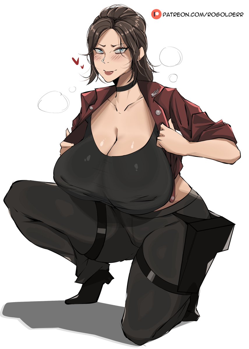 1girls, breasts, claire redfield, female, female focus, female only, large breasts, light skin, light-skinned female, resident evil, rogolderr, solo, thick thighs, thighs, white background, wide hips