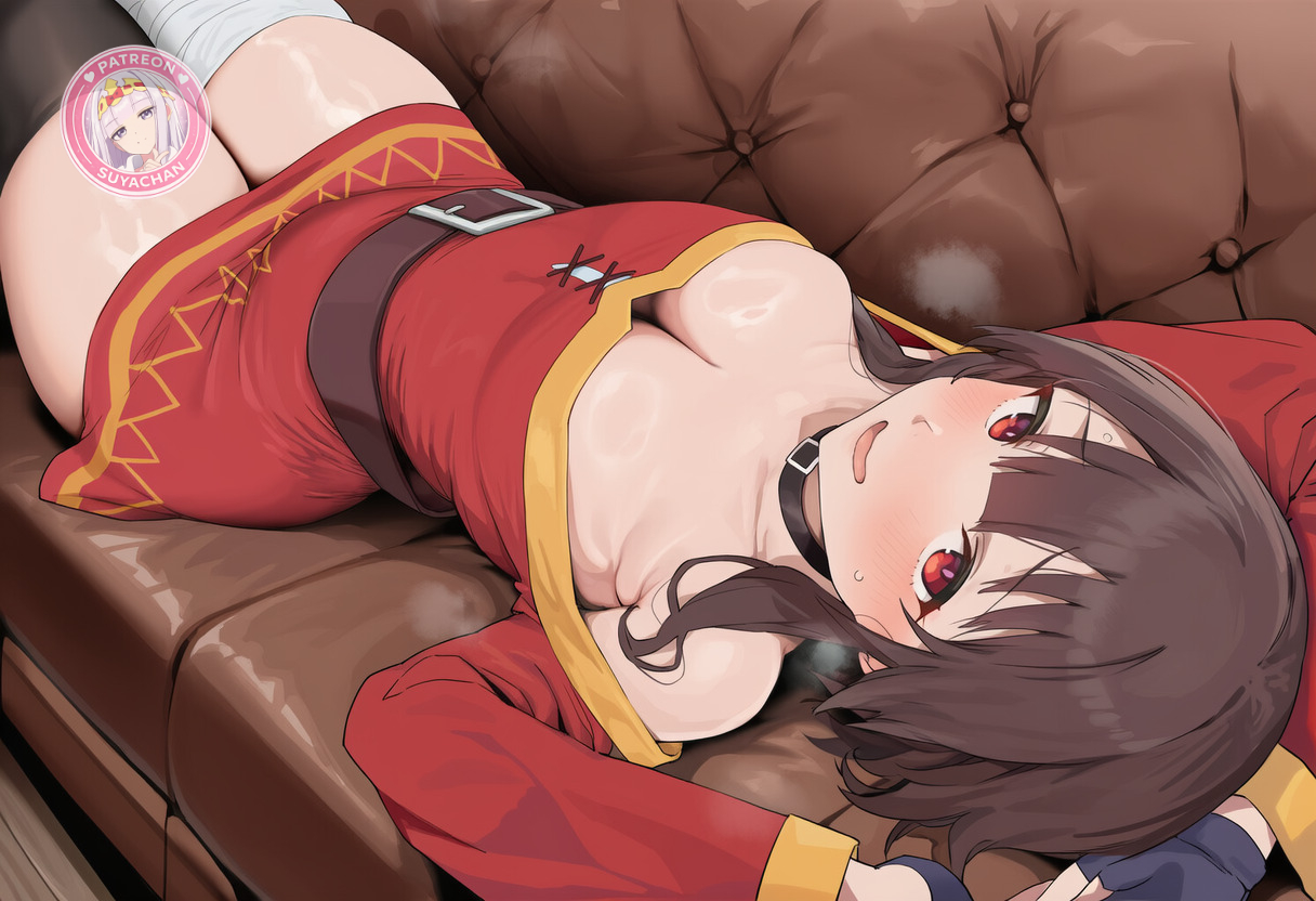 1girls, ai art, ai generated, bandage, belt, blush, breath, brown hair, choker, cleavage, embarrassed, gloves, kono subarashii sekai ni shukufuku wo!, looking at viewer, lying, megumin, miniskirt, nervous, nervous smile, on back, red dress, red eyes, small breasts, smile, sofa, steam, suyachan, sweat, thick thighs, thighhighs, upside-down, wide hips