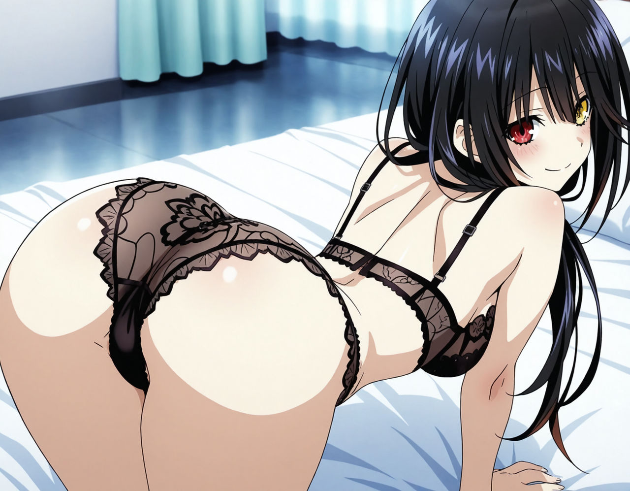 1girls, 2025, ai generated, ass, black hair, black lingerie, black underwear, blush, breasts, date a live, female, female only, hair down, heterochromia, lingerie, lingerie only, looking at viewer, looking back, on all fours, on fours, red eyes, seductive, smile, solo, solo female, superaianime, tagme, tokisaki kurumi, underwear, underwear only, yellow eyes