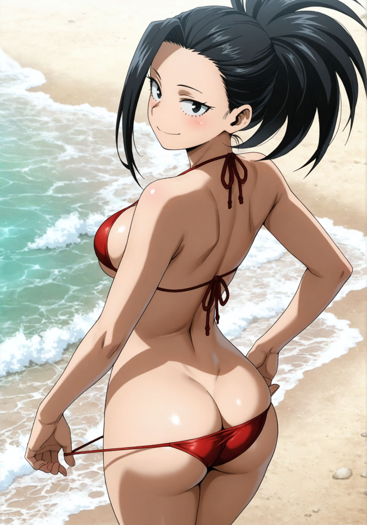 1girls, 2025, ai generated, ass, beach, bikini, bikini pull, black eyes, black hair, black-haired female, breasts, female, female only, halter bikini, halterneck, high-angle view, light-skinned female, looking at viewer, looking back, looking up, medium breasts, momo yaoyorozu, my hero academia, ponytail, rear view, red bikini, sand, seductive, smile, solo, solo female, standing, superaianime, tagme, underboob, underboob peek, water