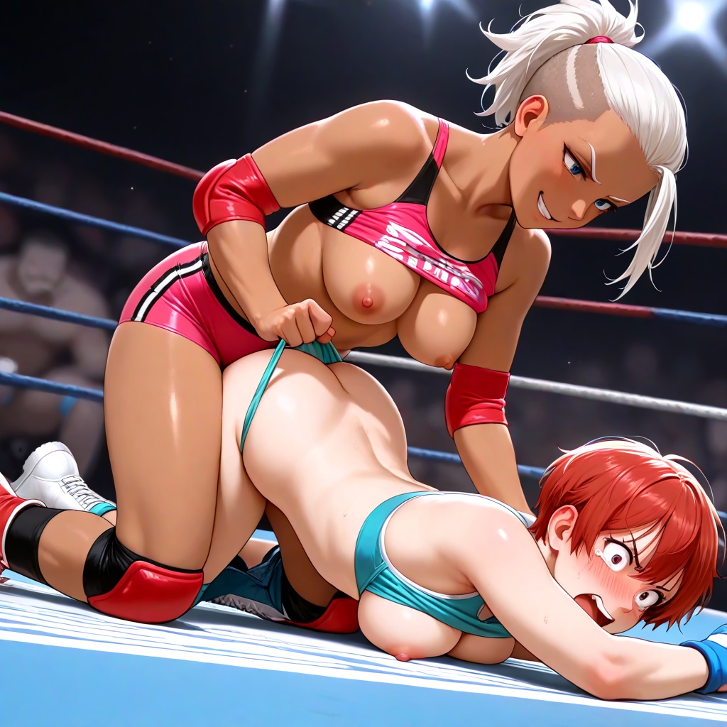 1:1, 2girls, ai generated, ass, assisted exposure, assisted nudity, blush, bra lift, breasts, breasts out, bullying, butt crack, catfight, crowd, crying, crying with eyes open, dark skin, dark-skinned female, domination, embarrassed undressed female, euf, exhibitionism, face down, face down ass up, fight, forced exposure, forced nudity, forced presentation, glj-enf, grin, humiliated, humiliation, indecent exposure, laughing, multiple girls, nipples, pro wrestling, public, public exposure, public humiliation, public indecency, public nudity, ring, scared, screaming, shiny skin, shocked, shocked expression, short hair, shorts pull, smirk, spandex, sports bra, stadium, story at source, strip game, stripped, stripped naked, tan skin, tanned, tanned skin, top pull, top pulled up, topless, undressed, undressed by others, undressing another, wedgie, wrestling, wrestling attire, wrestling outfit, wrestling ring, yuri