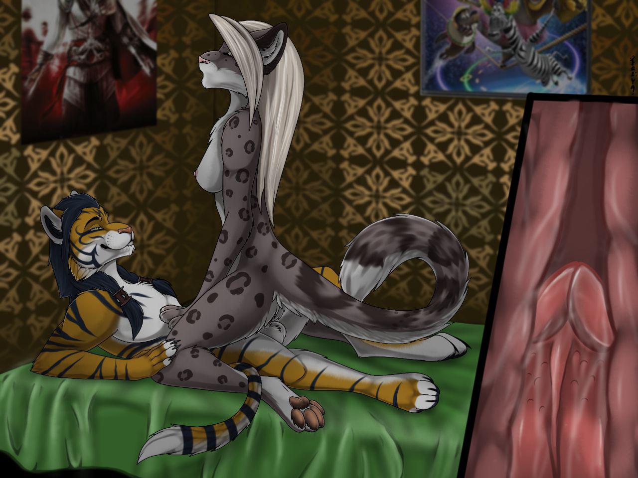 anthro balls detailed_background duo feline female fur hybrid khajiit kovu_muabdib leopard liger lion male mammal penetration snow_leopard straight the_elder_scrolls tiger vaginal_penetration video_games