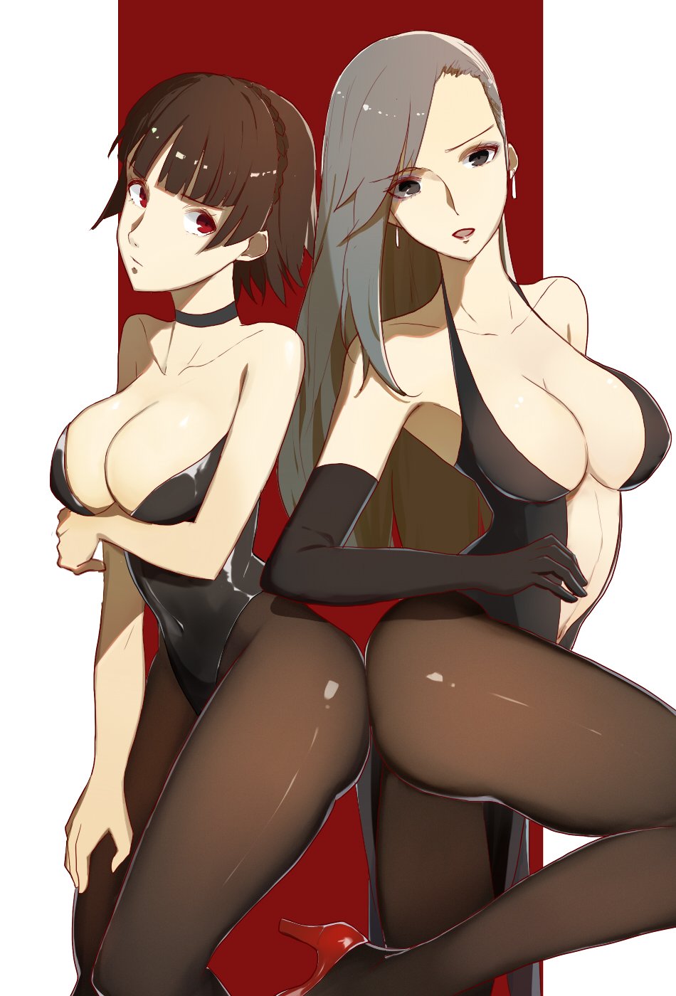 2girls ass_to_ass big_breasts breasts brown_hair bunnysuit choker cleavage collarbone color ear_piercing earrings female female_only gloves grey_hair hand_on_leg high_heels looking_at_viewer makoto_niijima multiple_girls navel no_bra open_mouth pantyhose perky_breasts persona persona_5 sae_niijima siblings sisters teen vic_(artist)