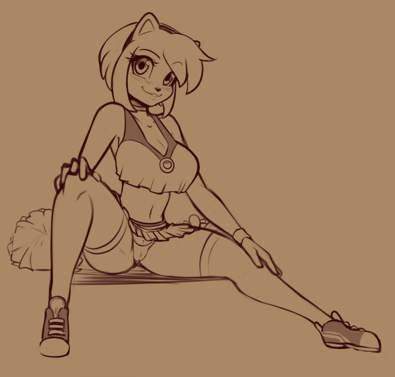 1girls, amy rose, breasts, brown theme, cheerleader, cheerleader uniform, cleavage, crop top, female, female only, monochrome, panties, pom poms, scorpdk, sega, skirt, solo, solo female, sonic (series), sonic the hedgehog (series), thighs, upskirt