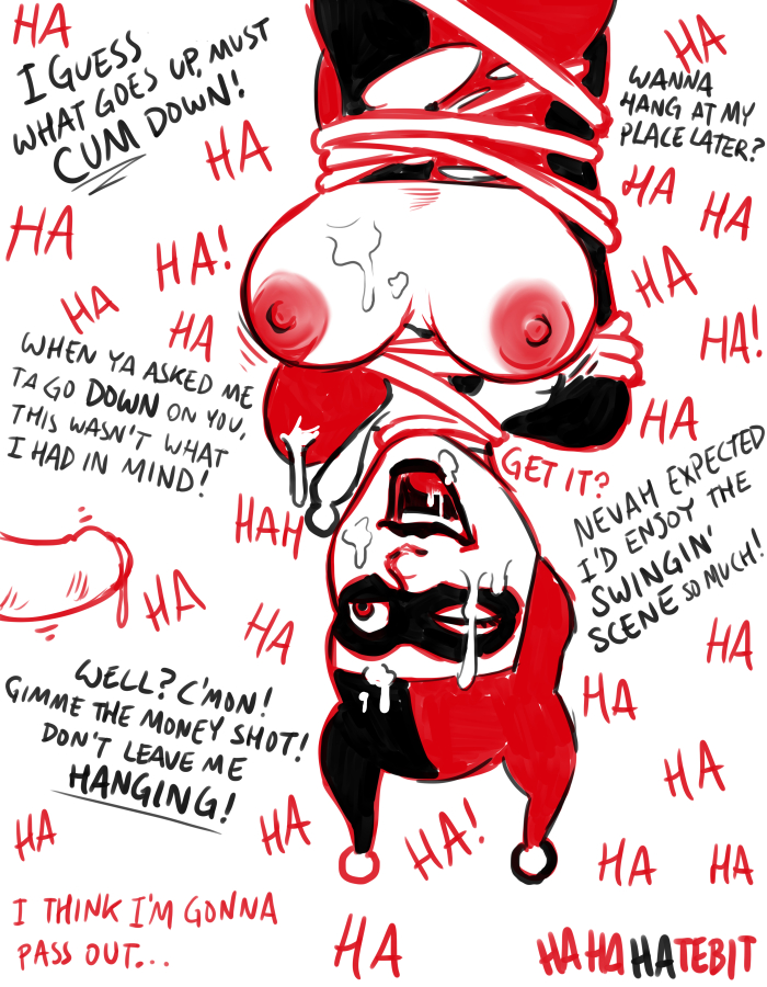 1boy, 1girls, batman (series), bondage, breasts, breasts out of clothes, bukkake, cum, cum on face, dc, dc comics, female, harley quinn, harley quinn (classic), hatebit, laughing, male, nipples, one eye closed, text, torn bodysuit, torn clothes, upside-down