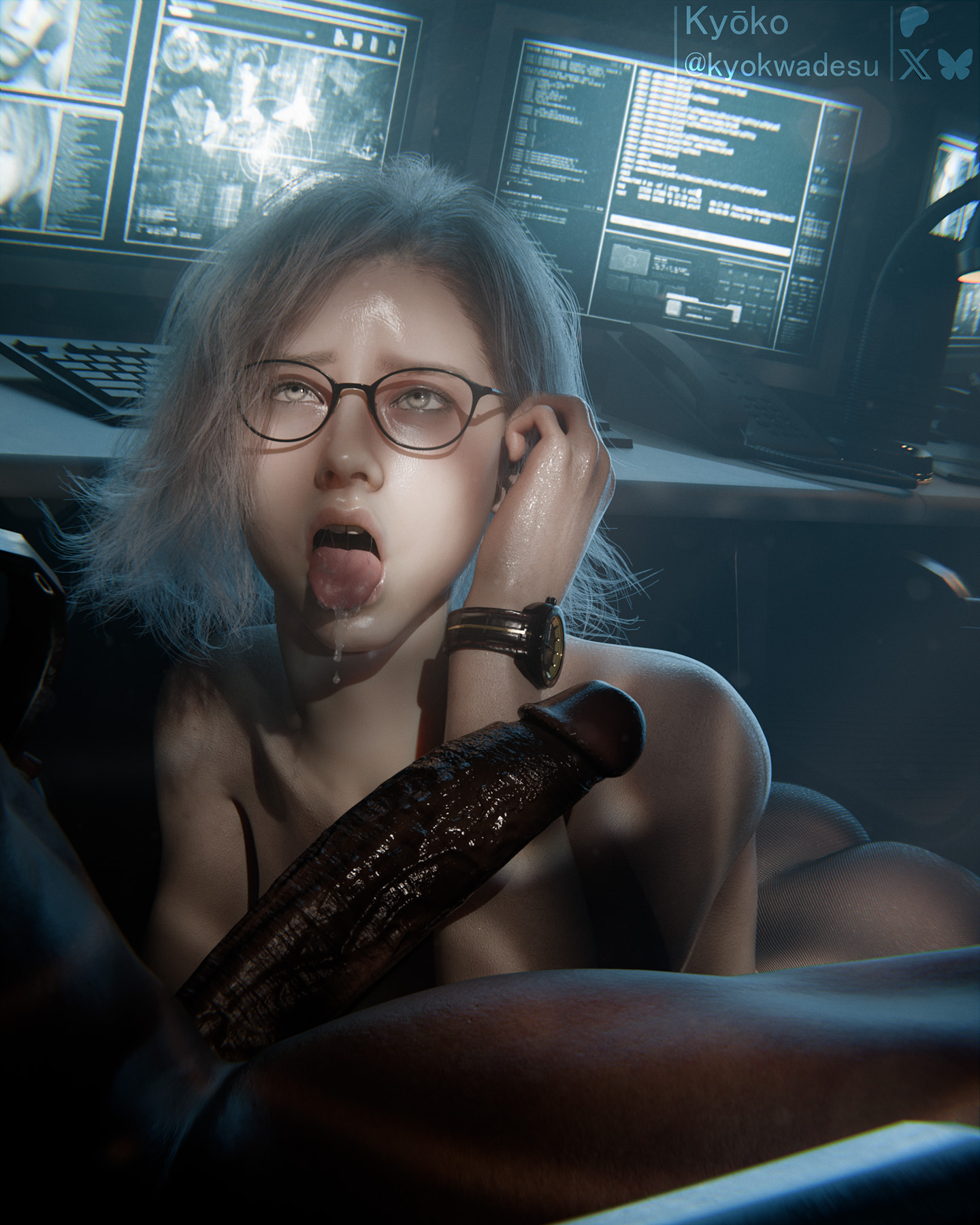 1boy, 1girls, 2026, 3d, ahe gao, ahegao face, ass, big ass, blonde hair, breasts, cock, completely nude, cross-eyed, dark, dark-skinned male, drool, drooling, duo, erect penis, eyeglasses, eyewear, female, grace ashcroft, grace ashcroft (julia pratt), imminent oral, interracial, kyokwadesu, male, medium breasts, megane, meme face, nathan dempsy, no visible nipples, not ai generated, nude, nude female, nude male, on all fours, penis, platinum blonde hair, resident evil, resident evil 9: requiem, skin tone difference, sticking out tongue, sticking tongue out, straight, tongue, yellow eyes