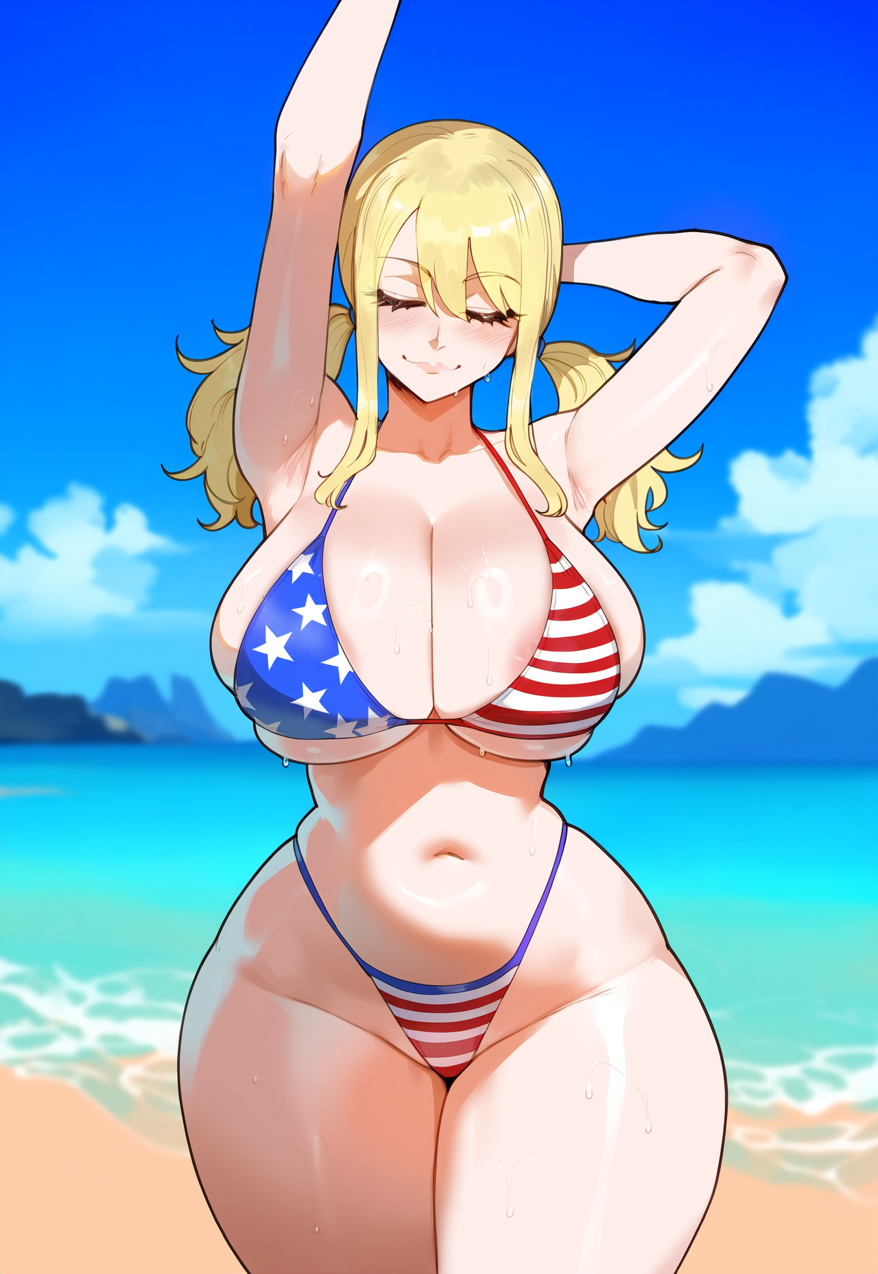 1girls, ai generated, american flag bikini, beach, beach background, blonde female, blonde hair, blonde-haired female, busty, fairy tail, fat ass, flag, flag bikini, flag print, huge breasts, large breasts, lucy heartfilia