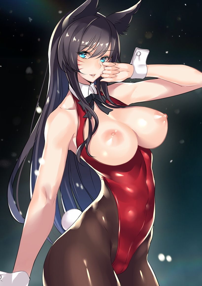 1girls ahri areolae bare_shoulders big_breasts black_hair blue_eyes breasts breasts_outside bunnysuit ero_waifu fox_ears hips league_of_legends looking_at_viewer nipples solo very_long_hair whiskers