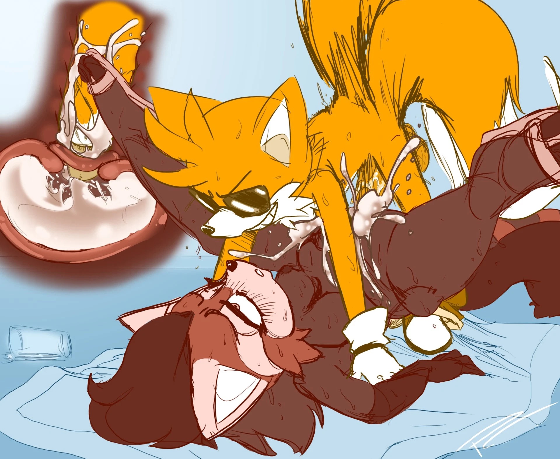 1girls, 2 tails, ailurid, anthro, balls, bodily fluids, breasts, cum, cum in pussy, cum in uterus, cum inside, cum overflow, duo, eyewear, fakeryway, fan character, female, footwear, genital fluids, genitals, gloves, handwear, hi res, internal, lying, male, male focus, mammal, medium breasts, miles tails prower, nipples, nude, on back, penetration, penis, piledriver position, pleasure castle, pussy, red panda, sex, sonic (series), sonic the hedgehog (series), spread legs, spreading, straight, sunglasses, sweat, tails the fox, uterus, vaginal penetration, x-ray