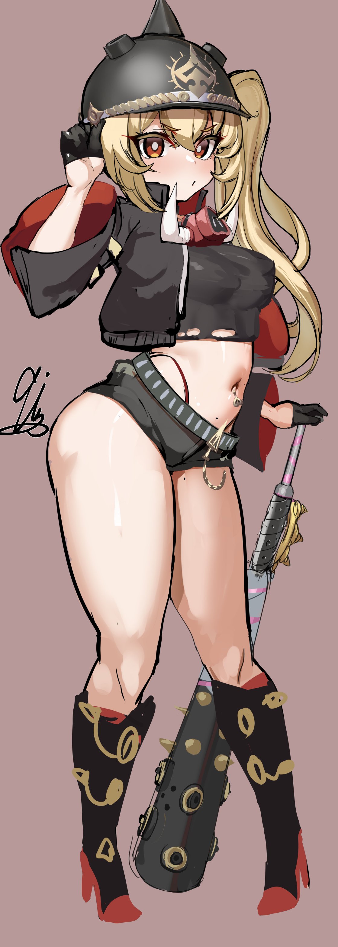 1girls, 9is, artist name, beauty mark, blush, boots, bottom heavy, curvy figure, female focus, gloves, helmet, luciana de montefio, navel piercing, no bra, piercing, short shorts, side ponytail, skimpy clothes, small breasts, solo female, string panties, thick thighs, visible nipples, wide hips, zenless zone zero