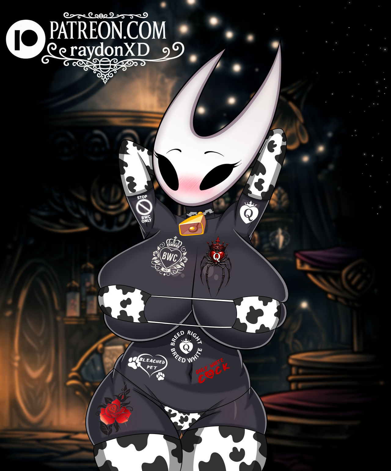 1girls, arms behind back, arms behind head, arms up, bed, bedroom, beetle, bikini, black body, bleached, bleachex, bug, collar, cow armwear, cow bikini, cow collar, cow lingerie, cow print, cow print bikini, cow stockings, cowbell, furry, hollow knight, hornet (hollow knight), horns, insects, lingerie, queen of hearts, white face, white head
